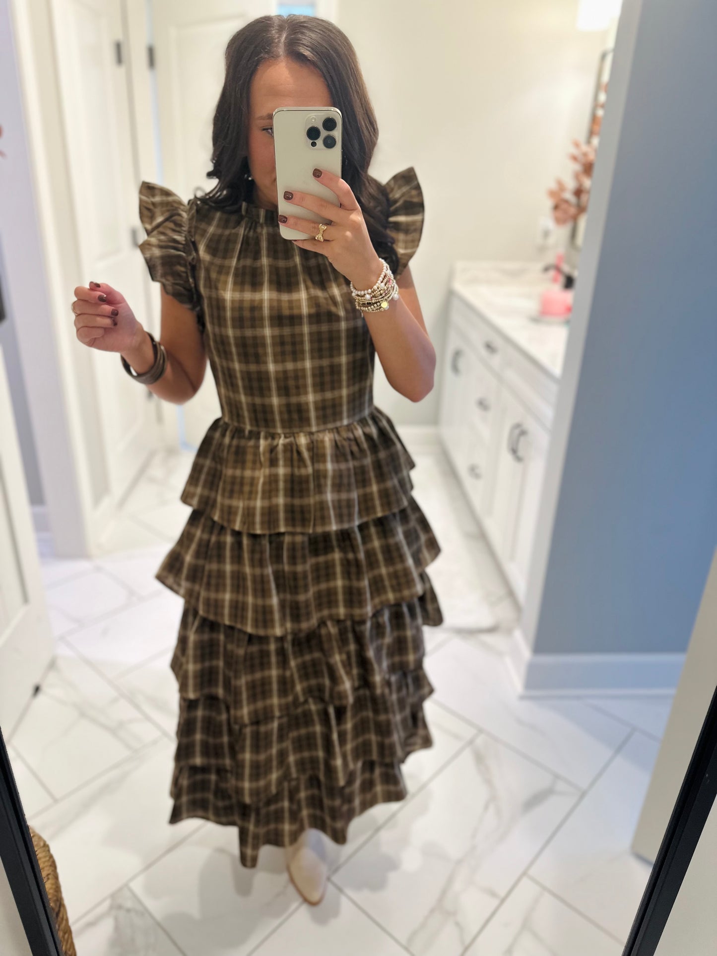 The Timber Brown Plaid Ruffle Tiered Midi Dress