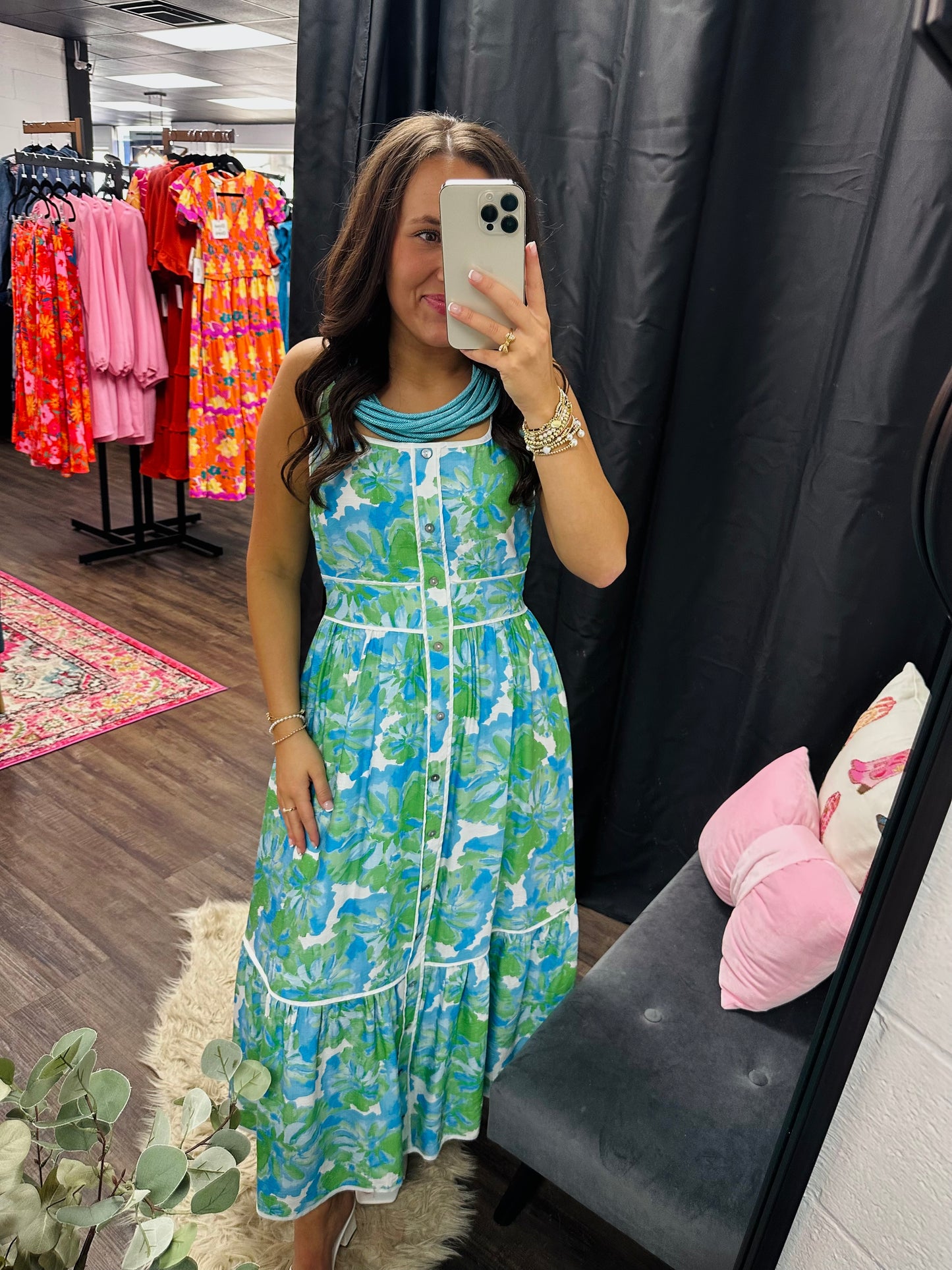 The Lakelynn Green Aqua Floral Midi Dress