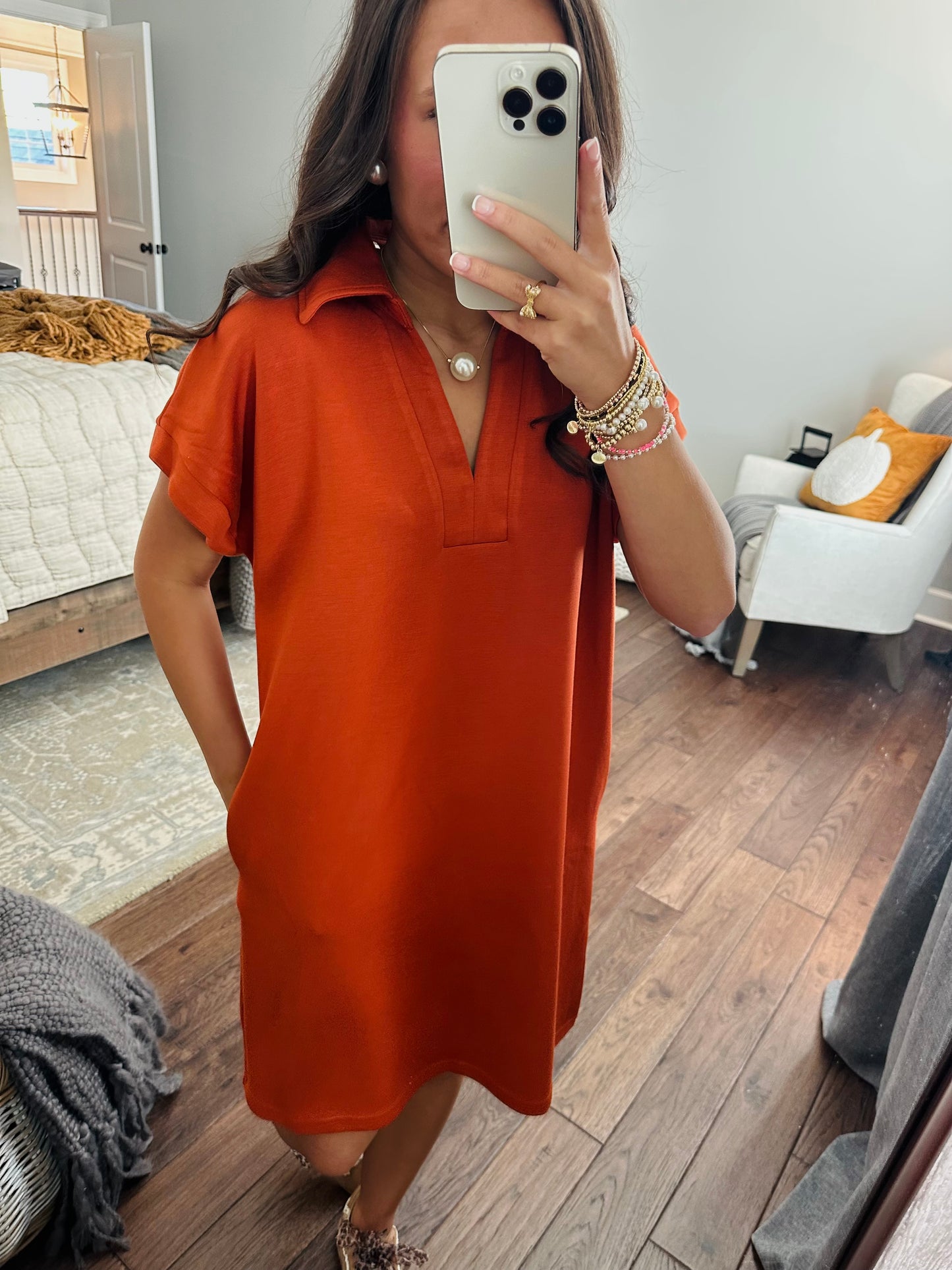 The Briar Burnt Orange V-neck Shift Dress