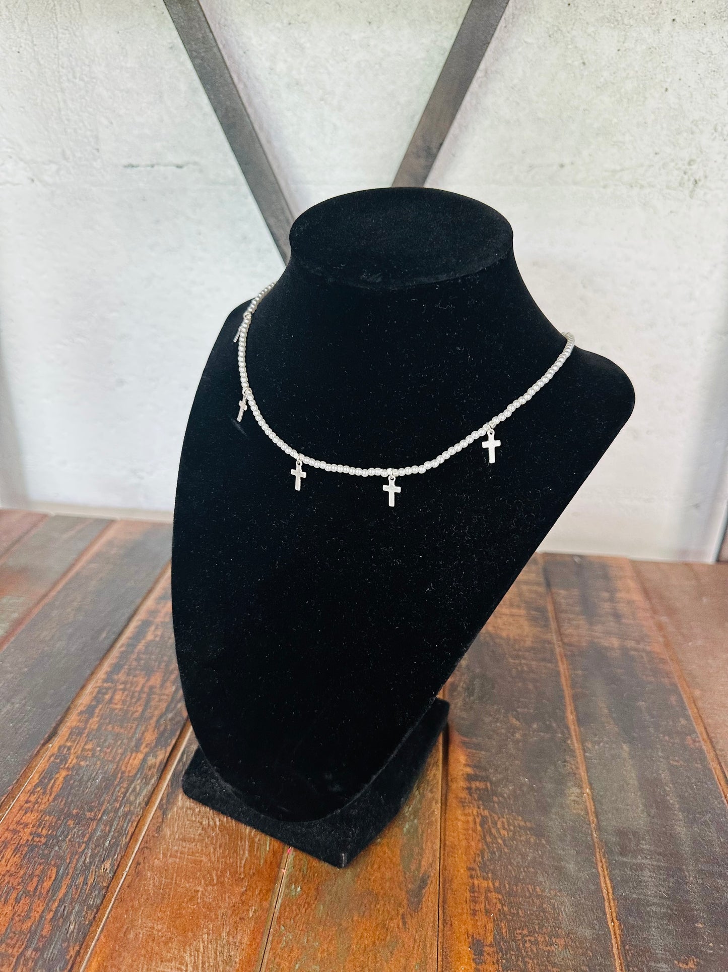 Silver Pearl + Cross Necklace