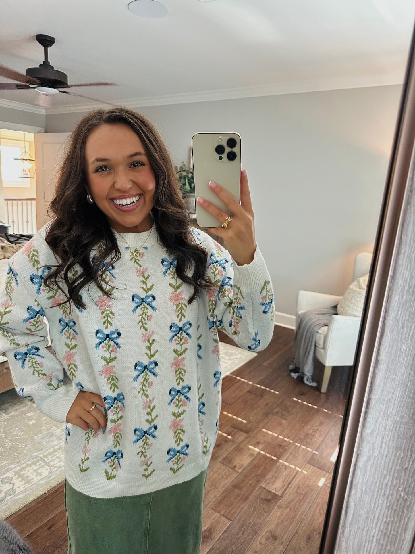 The White Coquette Ribbon Bow Floral Sweater