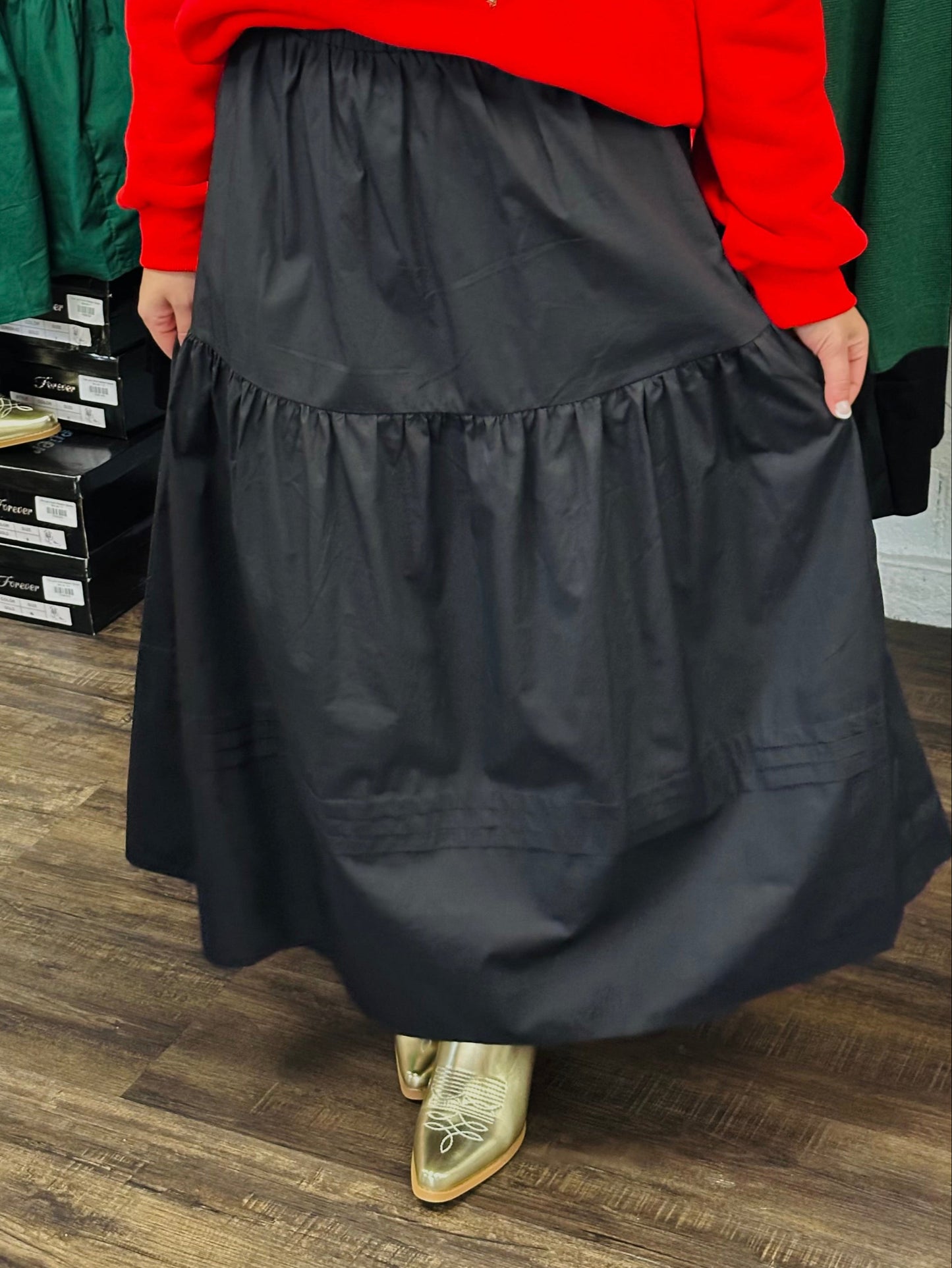 The Kelly Black Pleated Midi Skirt