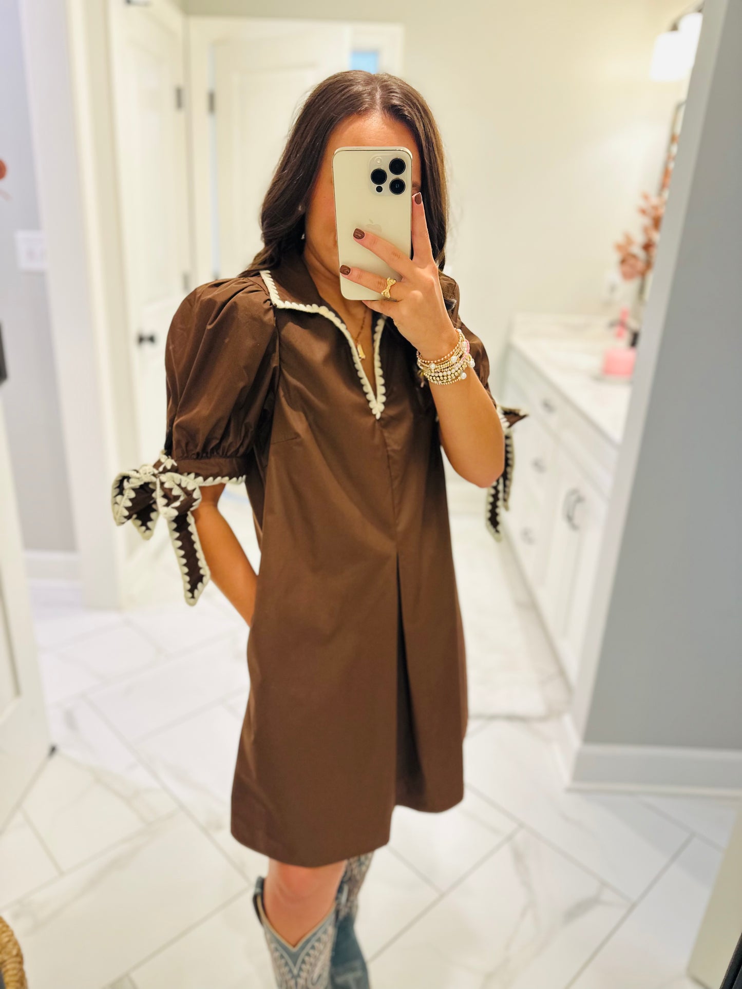 The Luci Brown Contrast Stitching Bow Detail Dress