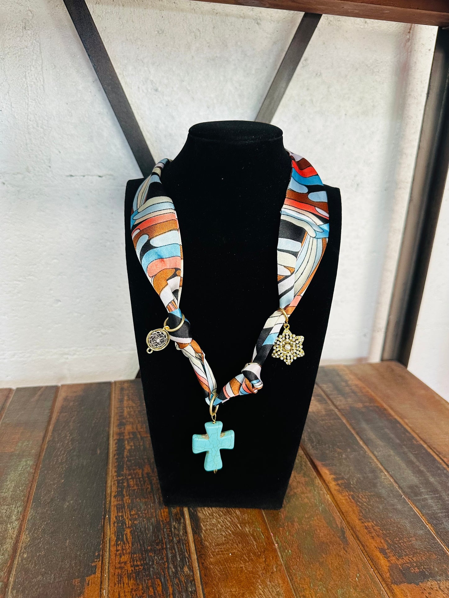 Golden Oasis Cross Silk Scarf Necklace