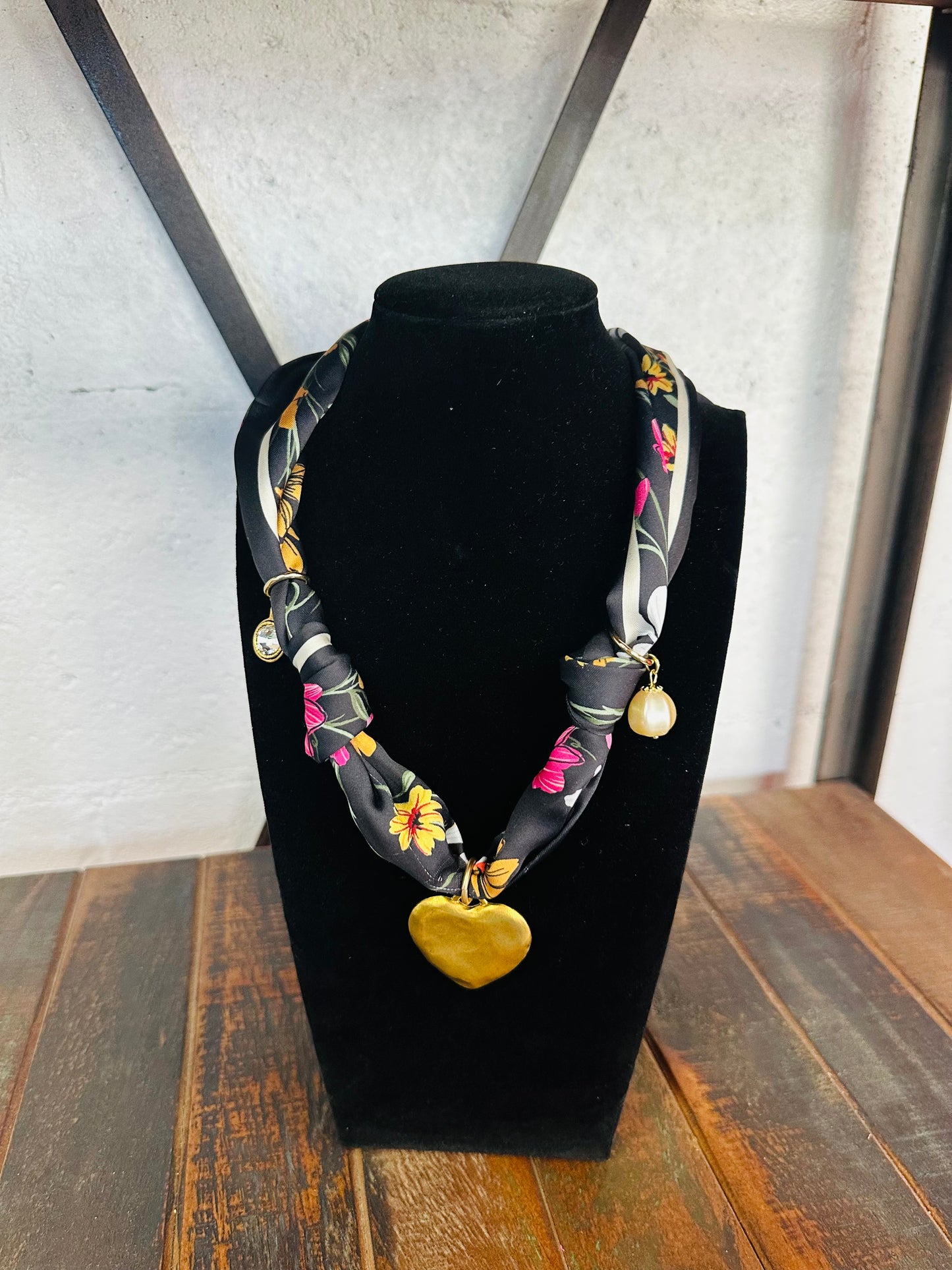 Black Floral Silk Scarf Necklace