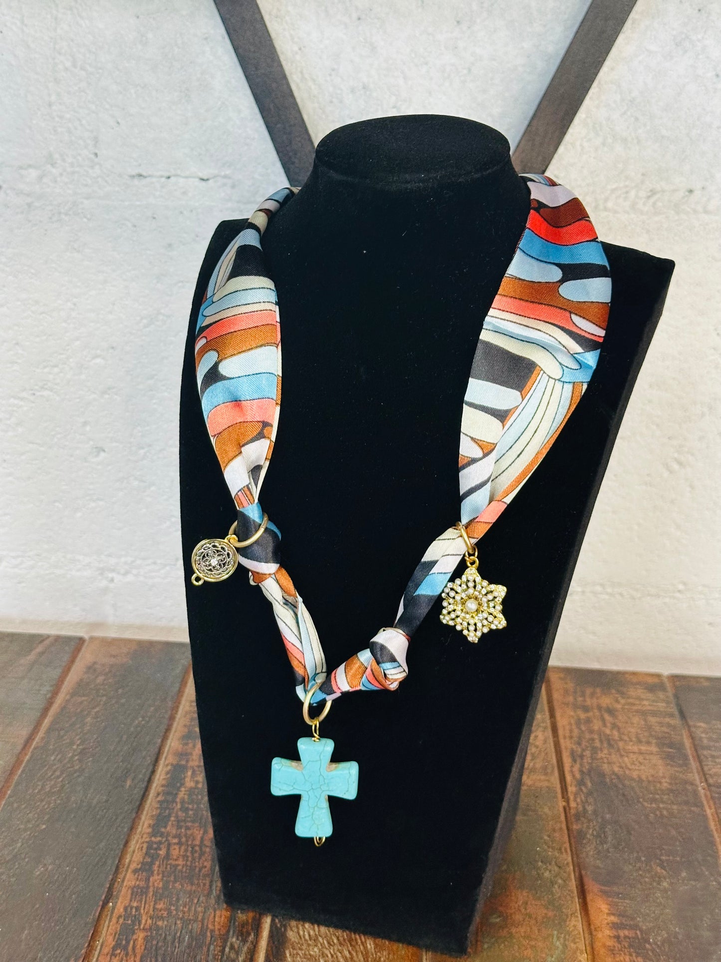 Golden Oasis Cross Silk Scarf Necklace