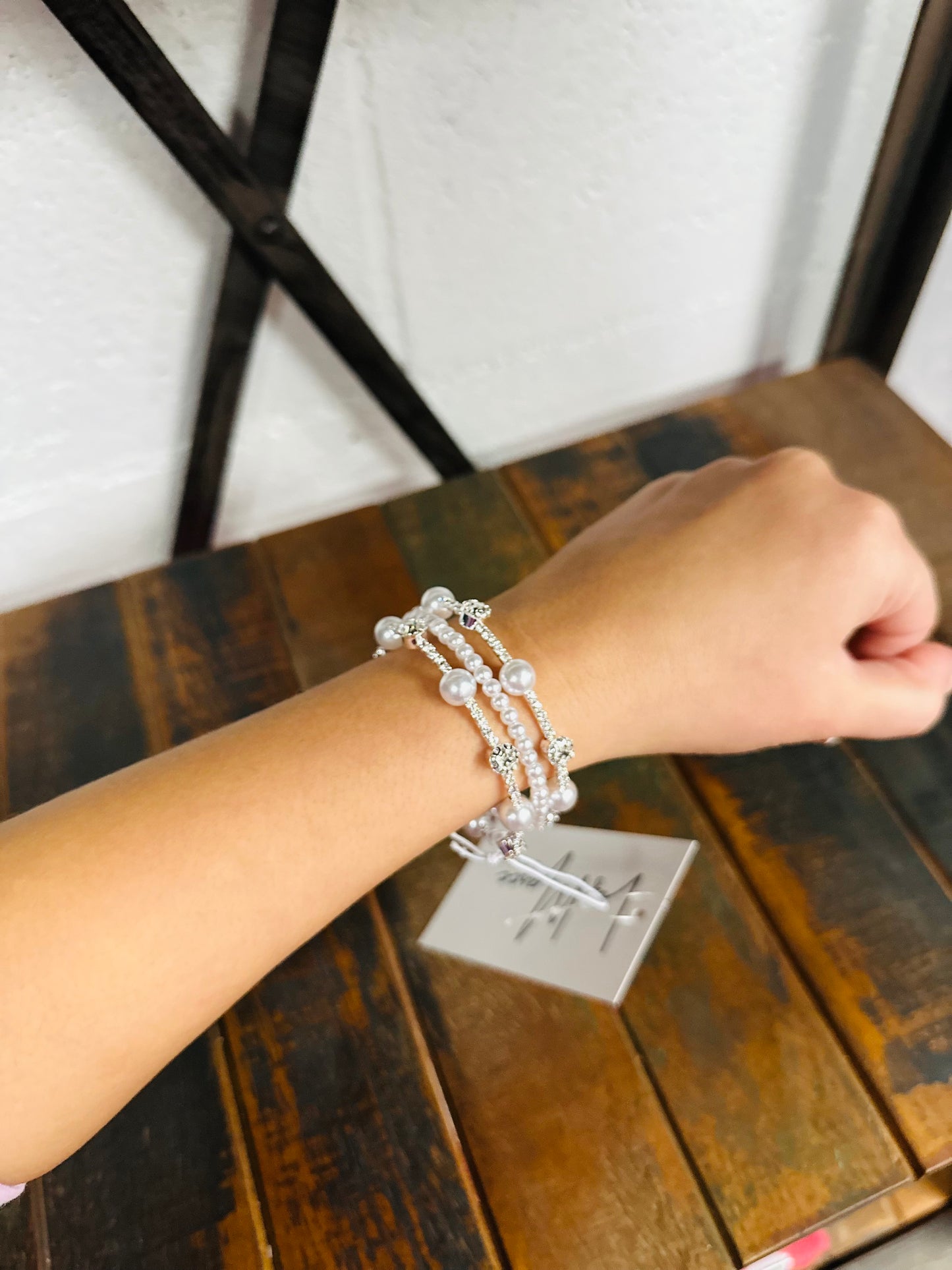 Pave & Pearl Memory Wire Bracelet - White/Silver