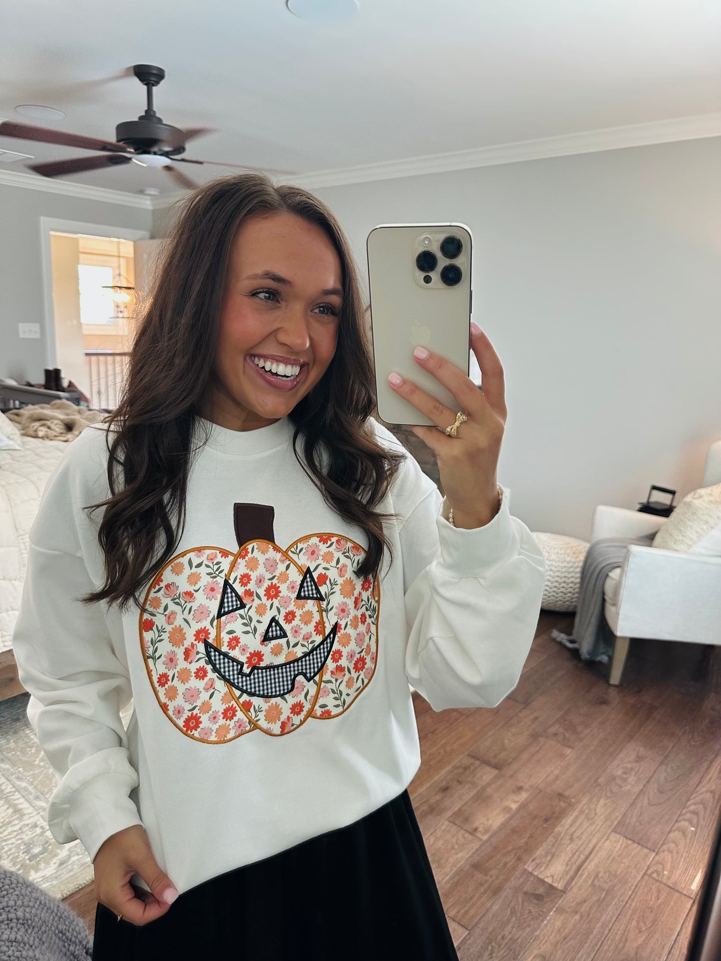 The Floral Printed Pumpkin Patchwork Crewneck