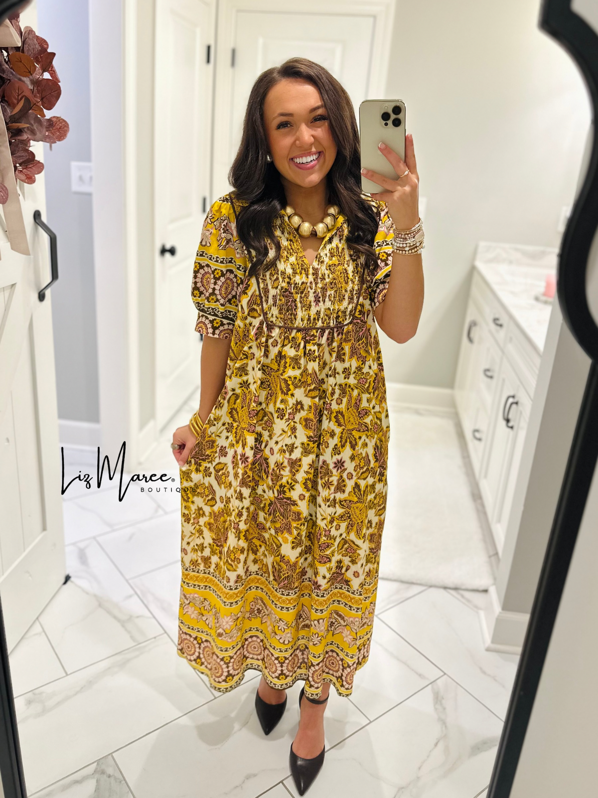 The Phoebe Golden Yellow Floral Midi Dress