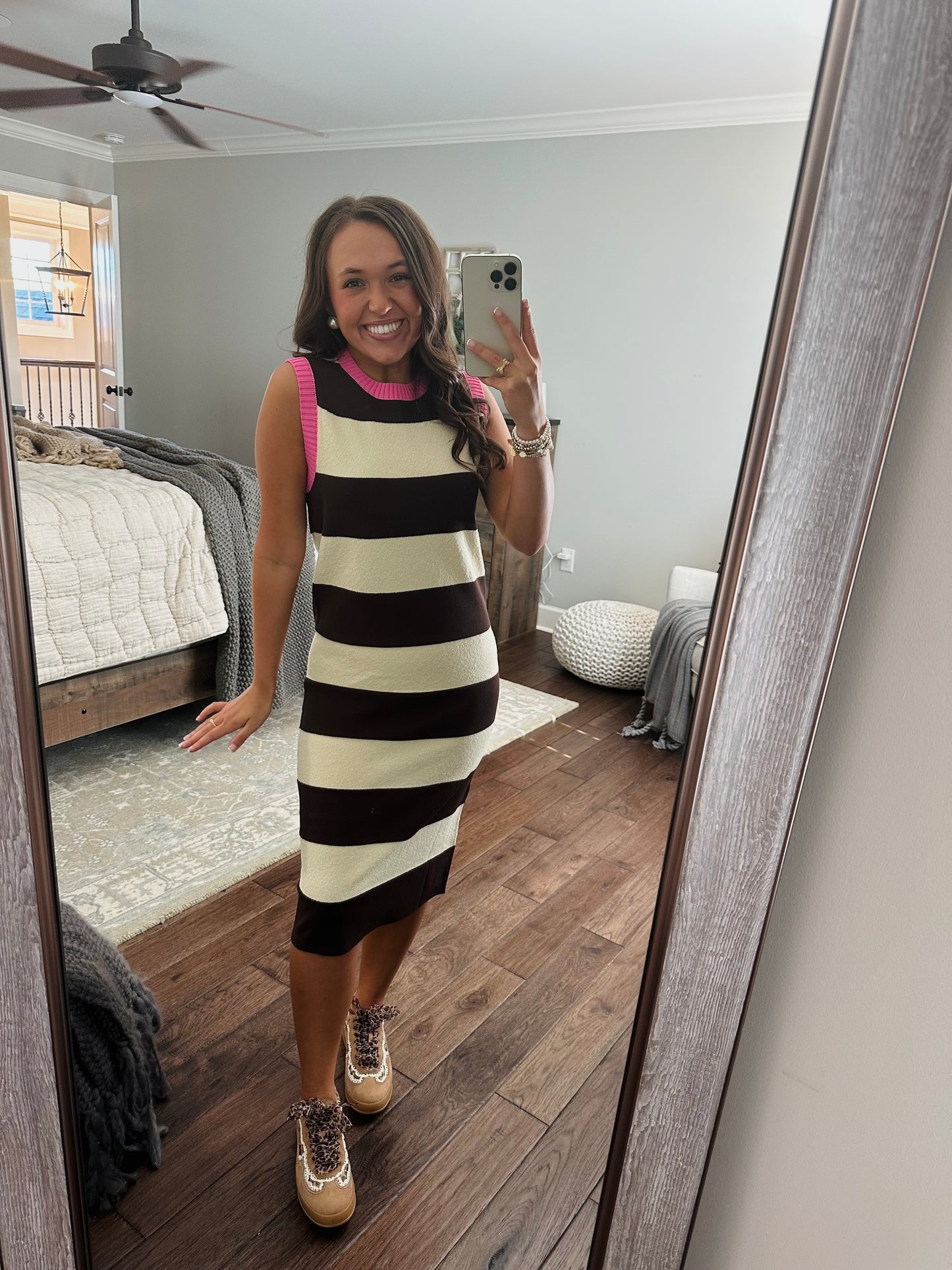 The Everlee Pink + Cream Striped Knit Midi Dress
