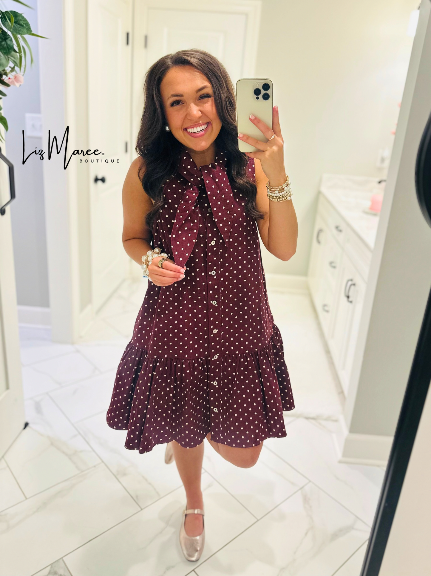 The Stella Burgundy Polka Dot Denim Dress