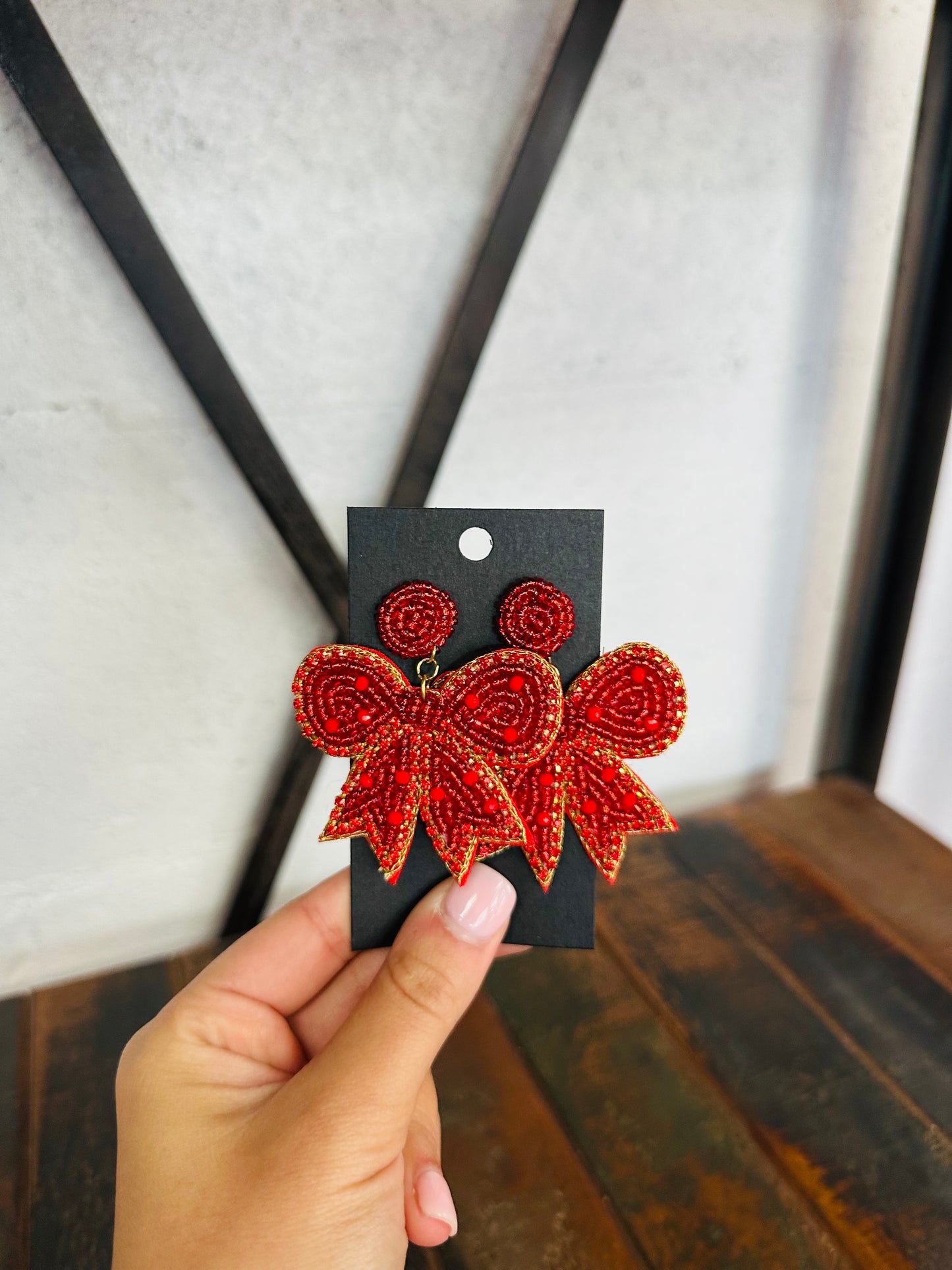 Red Beaded Bow Earring