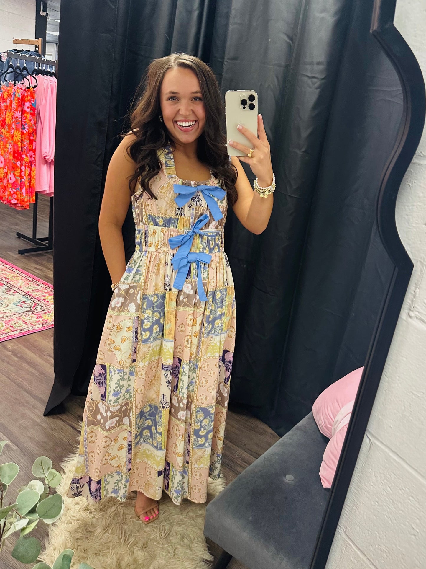 The Avery Patchwork Bow Midi Dress