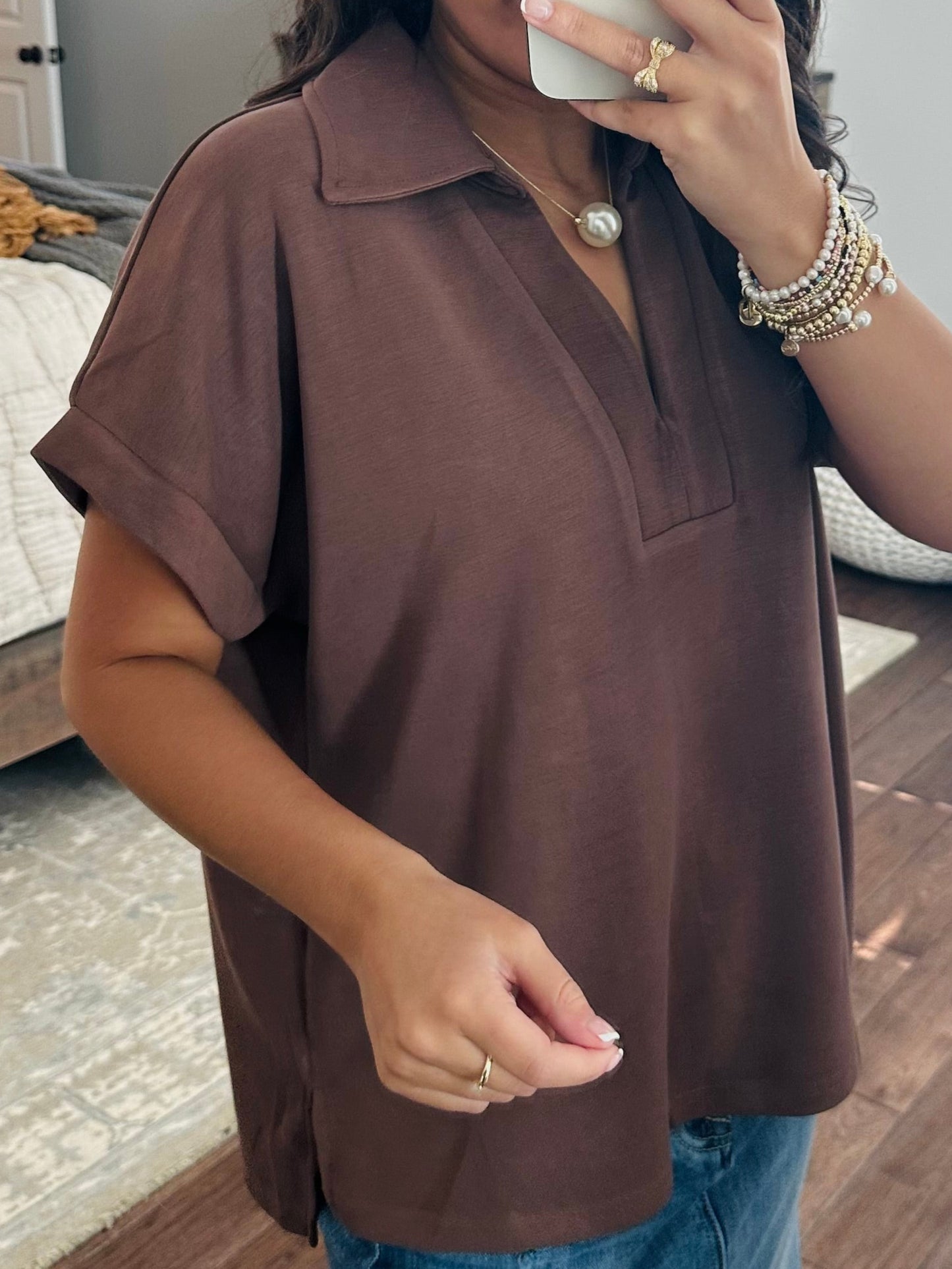 The Tatum Coffee V-Neck Top