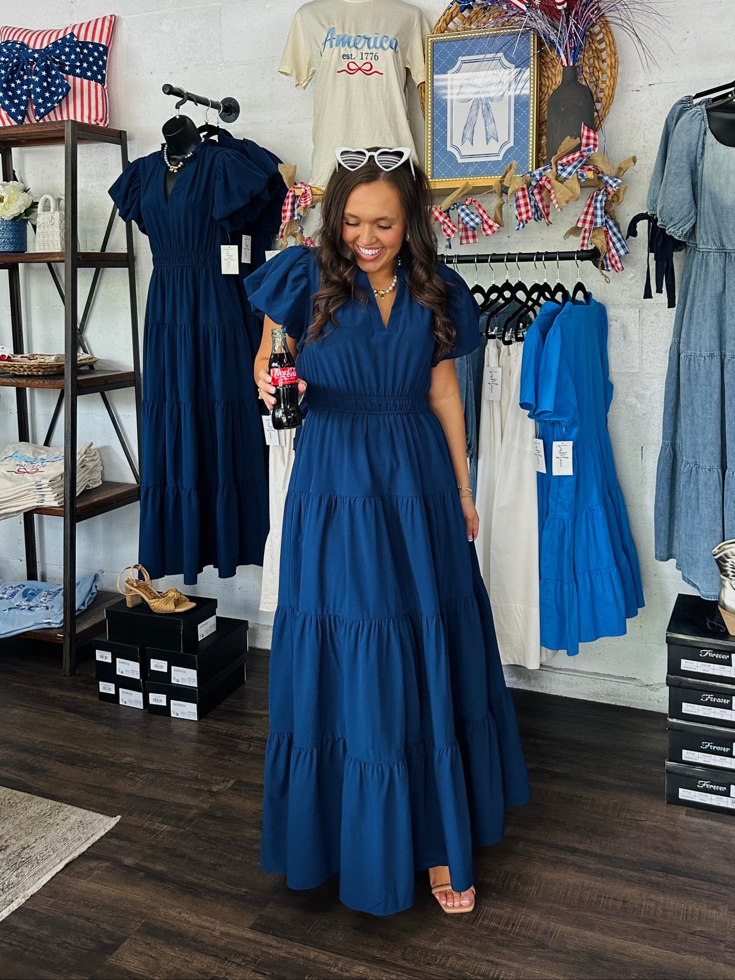 The Elizabeth Navy Puff Sleeve Midi Dress
