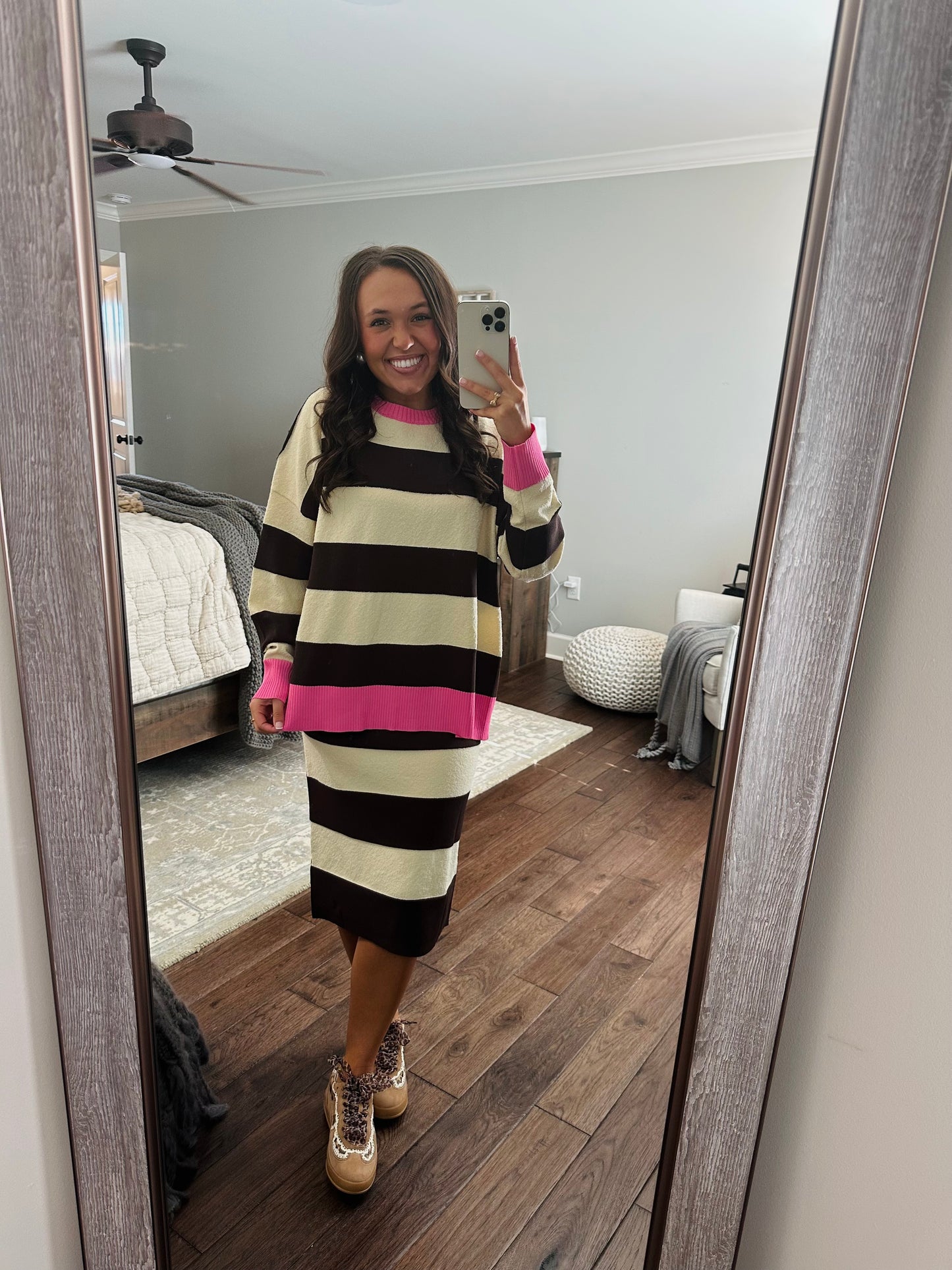 The Everlee Pink + Cream Striped Knit Sweater Top