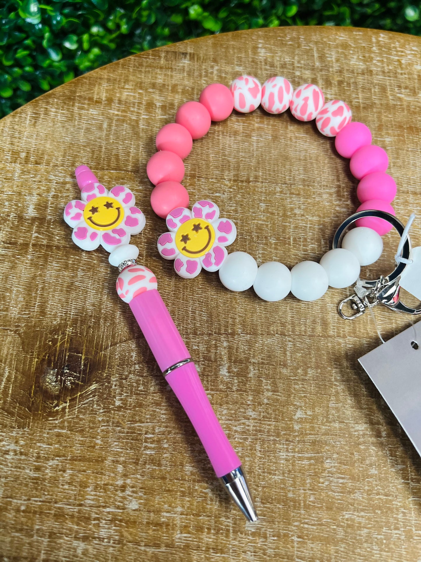 Pink Flower Beaded Keychain