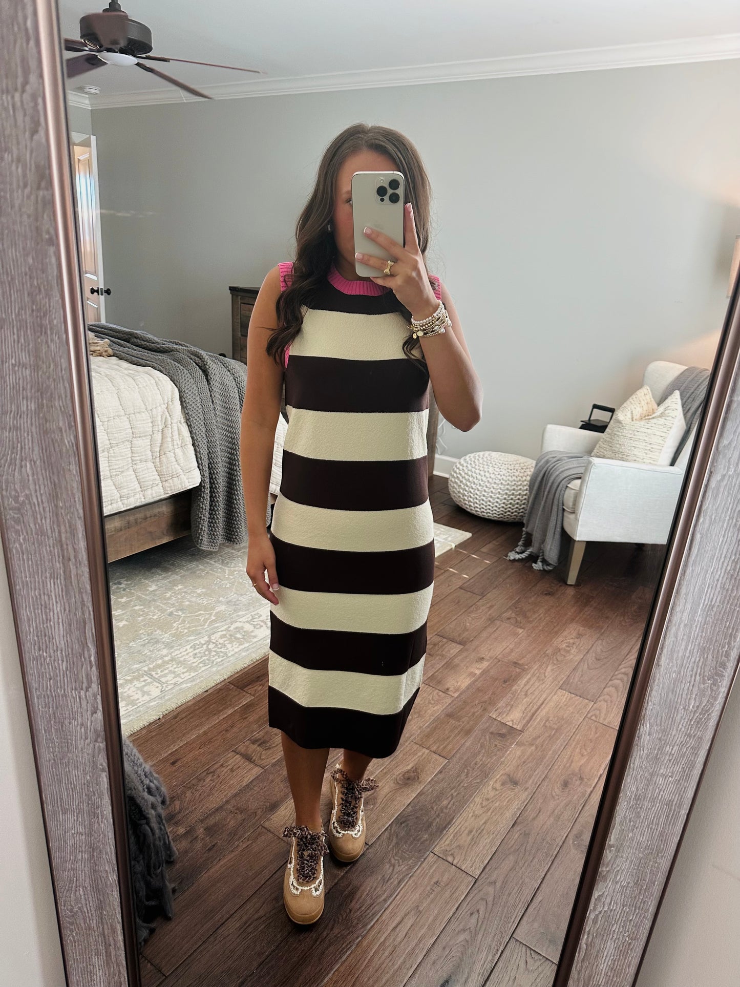 The Everlee Pink + Cream Striped Knit Midi Dress