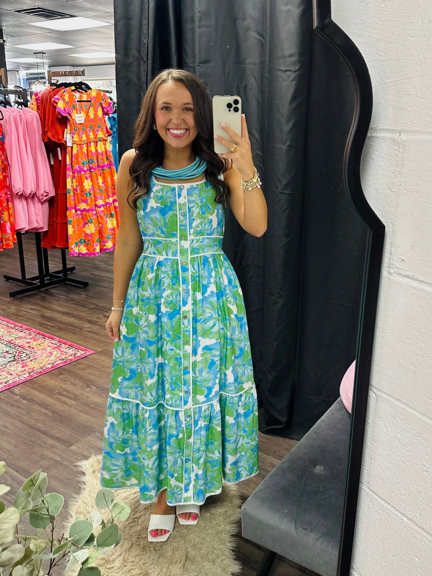 The Lakelynn Green Aqua Floral Midi Dress