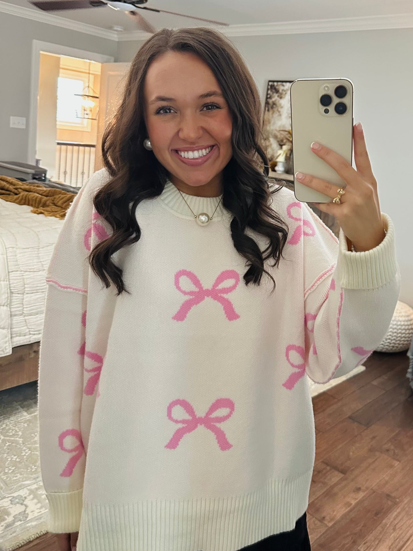 The Grace Pink + Cream Bow Sweater