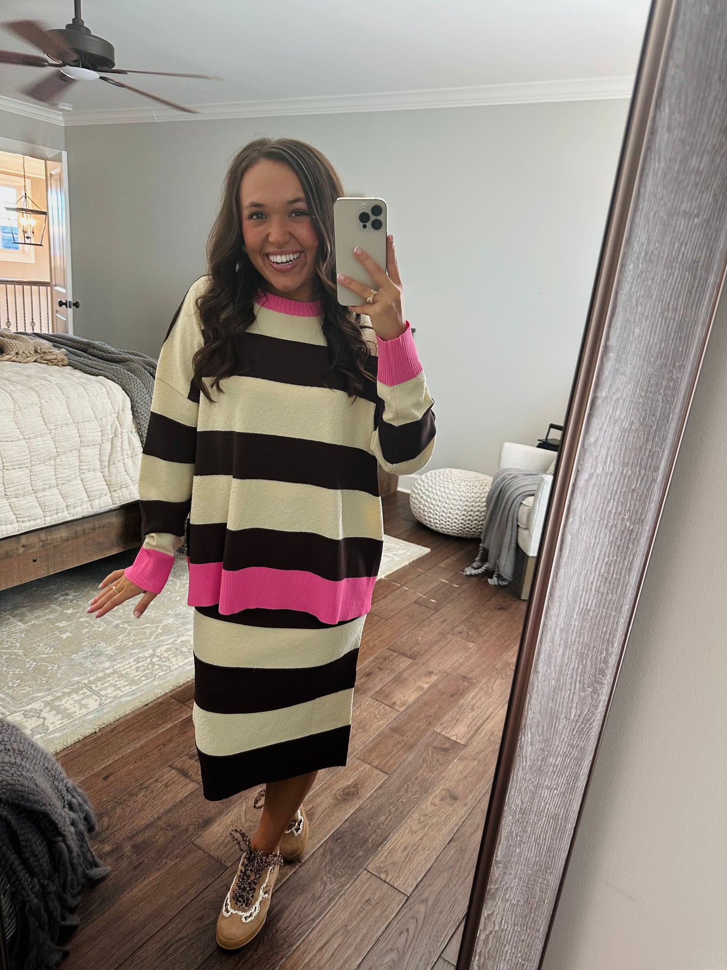 The Everlee Pink + Cream Striped Knit Sweater Top