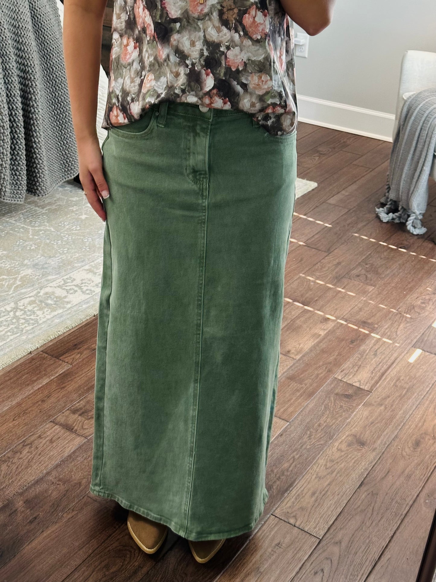 The Olive High Rise Back Slit Long Denim Skirt