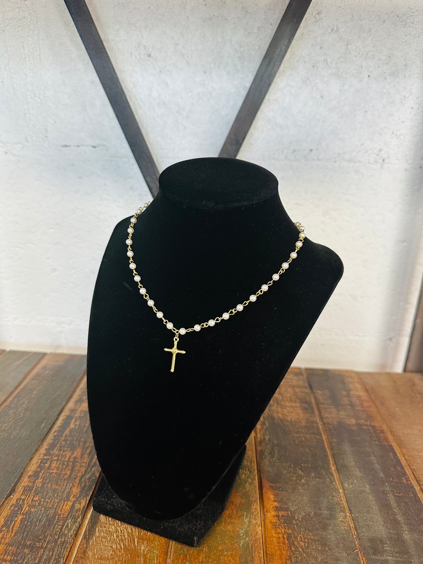 Gold + Pearl Cross Pendant Necklace