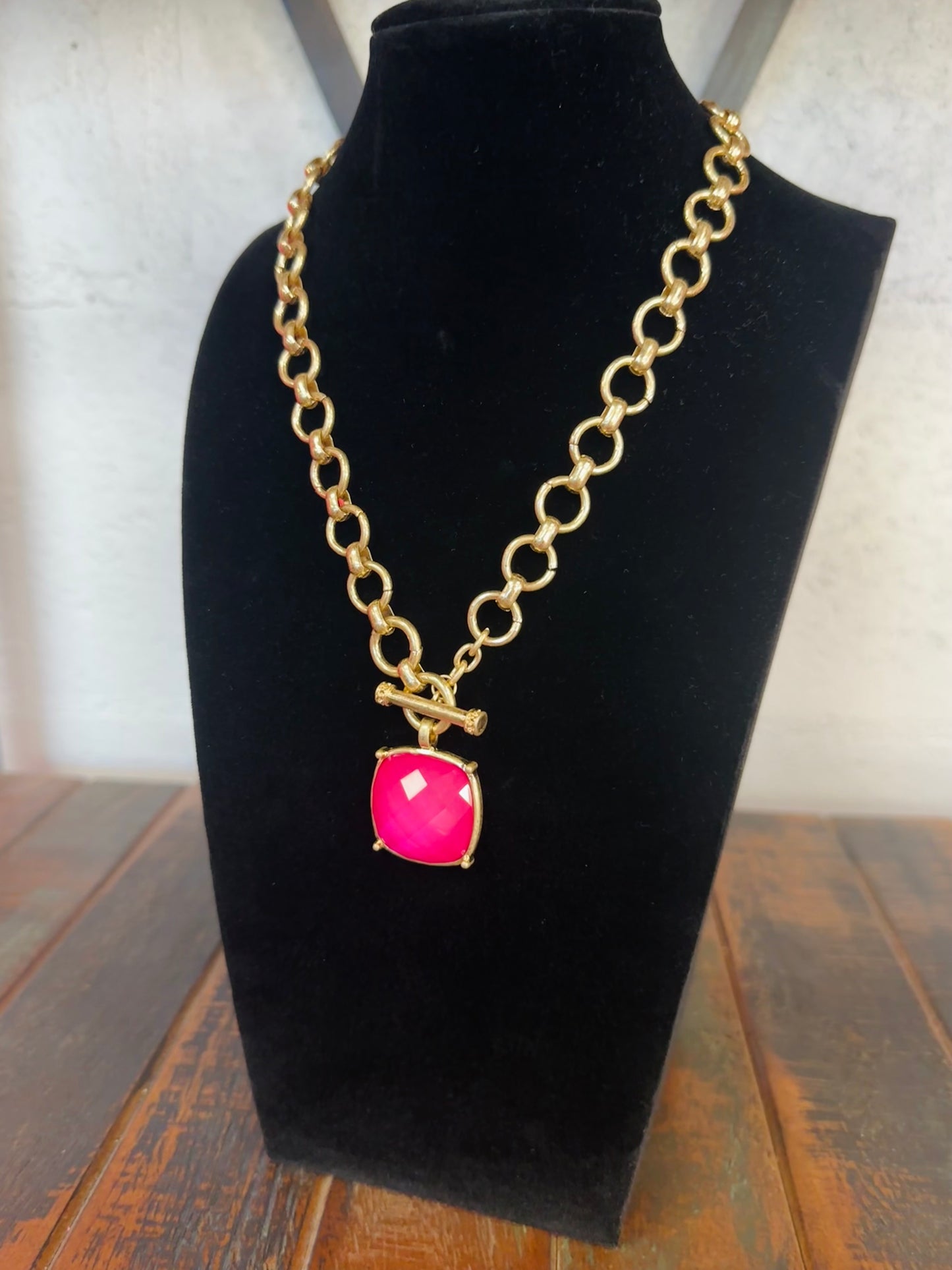 Fuchsia Square Stone Pendant Necklace
