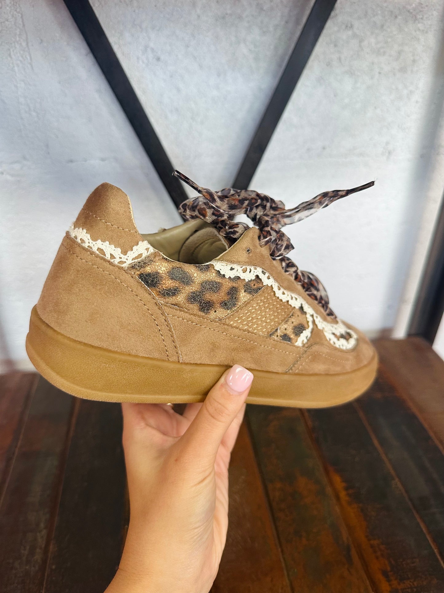 The Eleanor Camel Leopard Lace Trim Sneaker