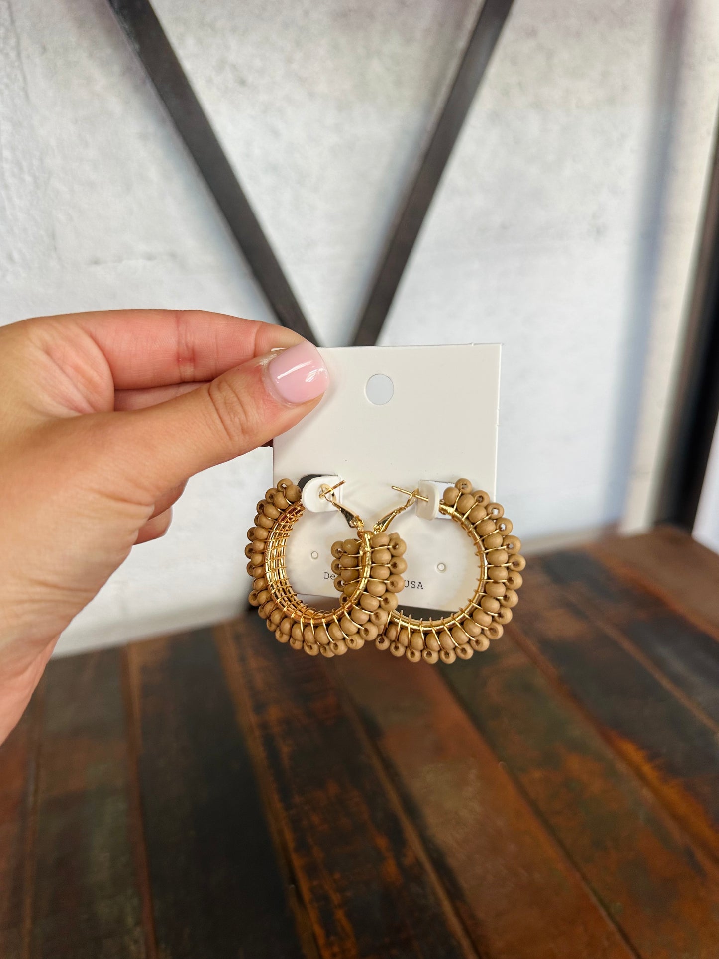 Light Brown Woven Wood Bead Hoops