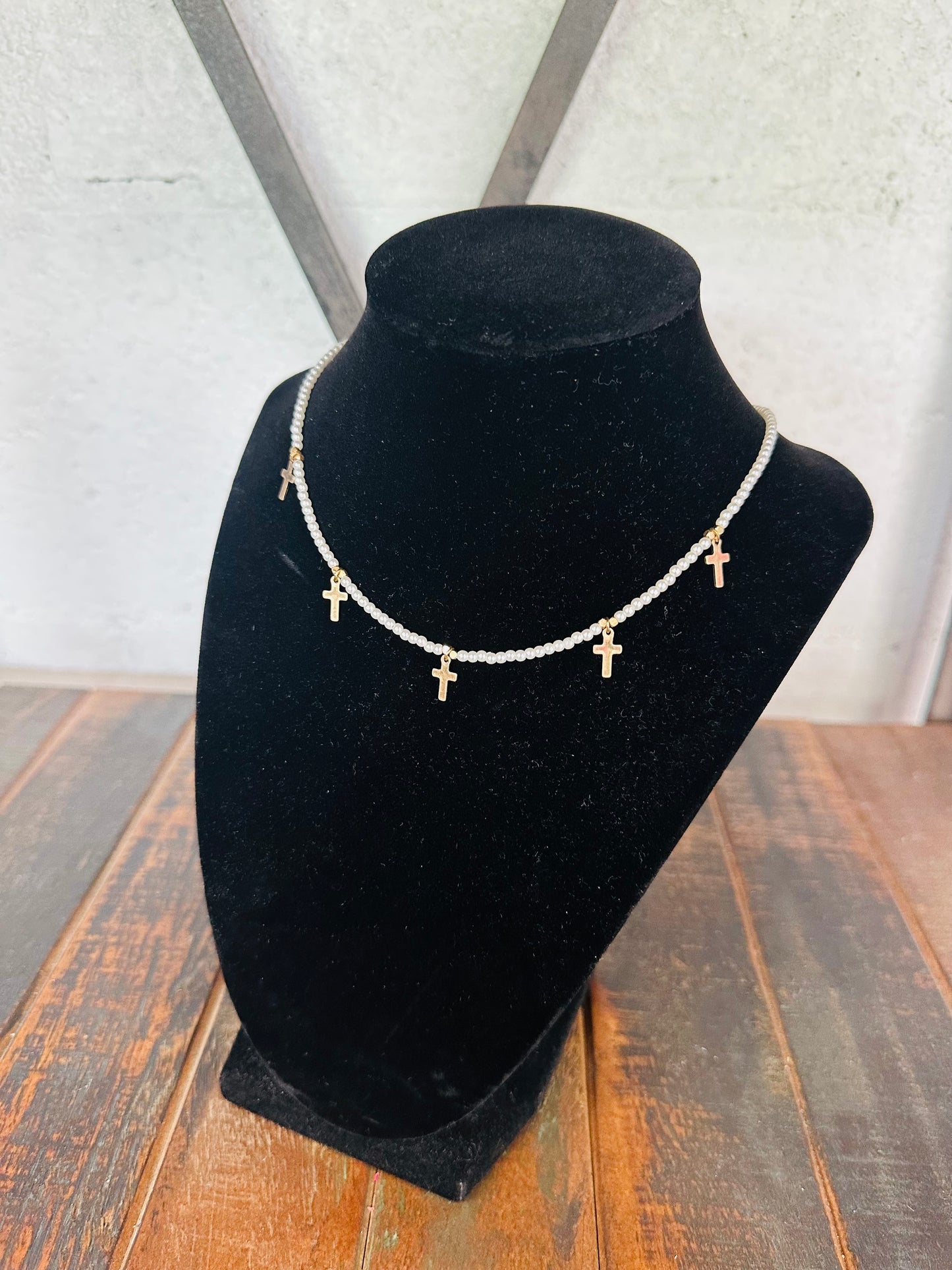 Gold Pearl + Cross Necklace