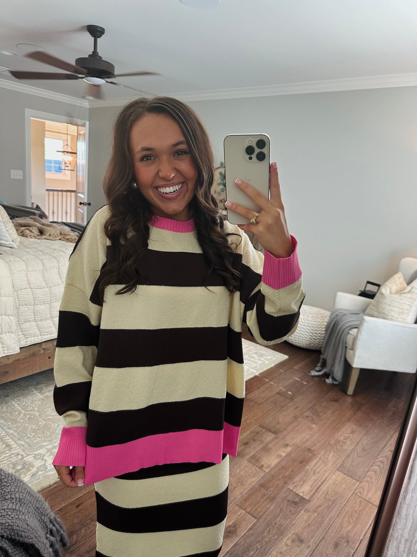 The Everlee Pink + Cream Striped Knit Sweater Top