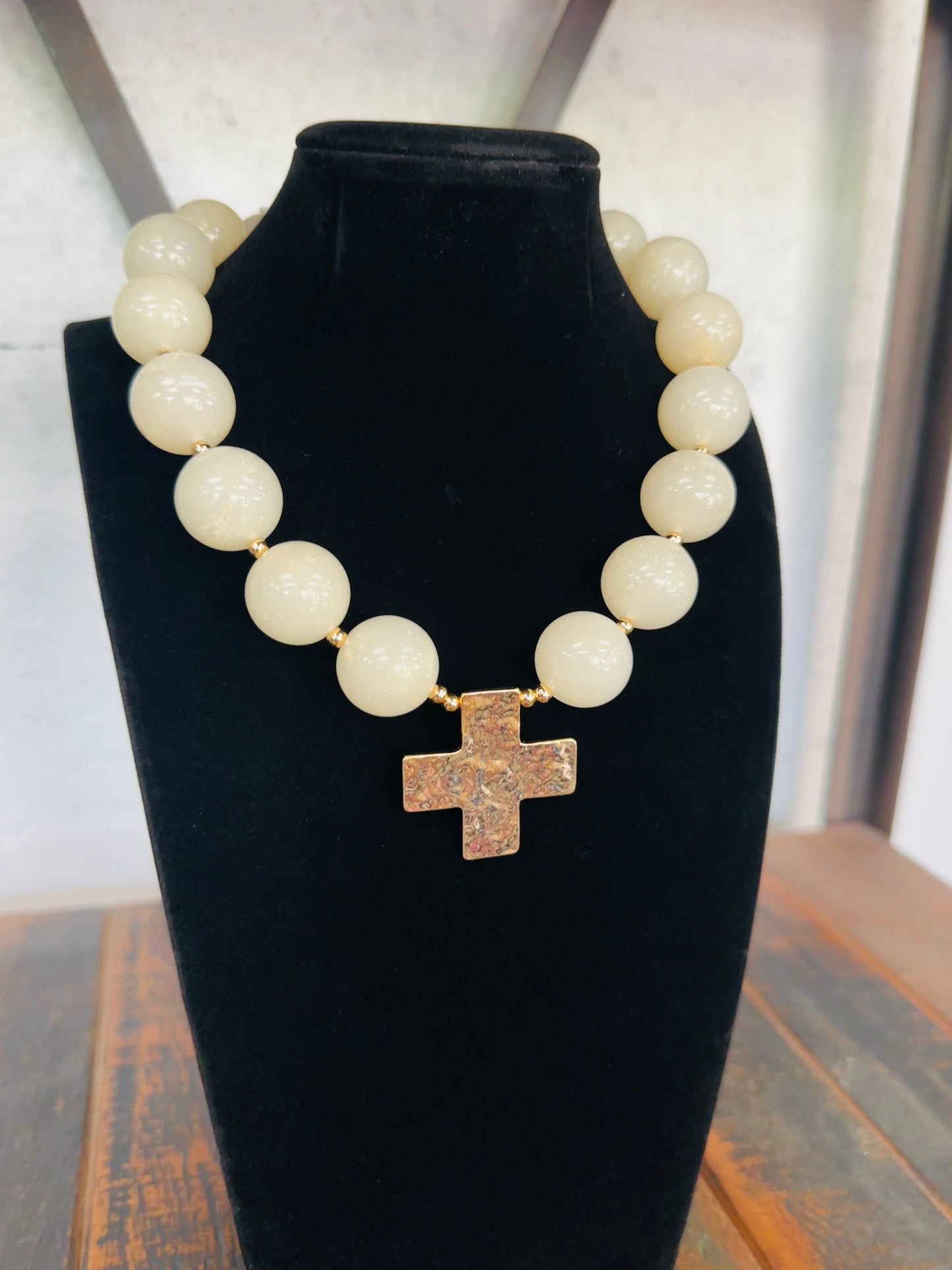 Ivory + Gold Cross Pendant Marble Ball Necklace