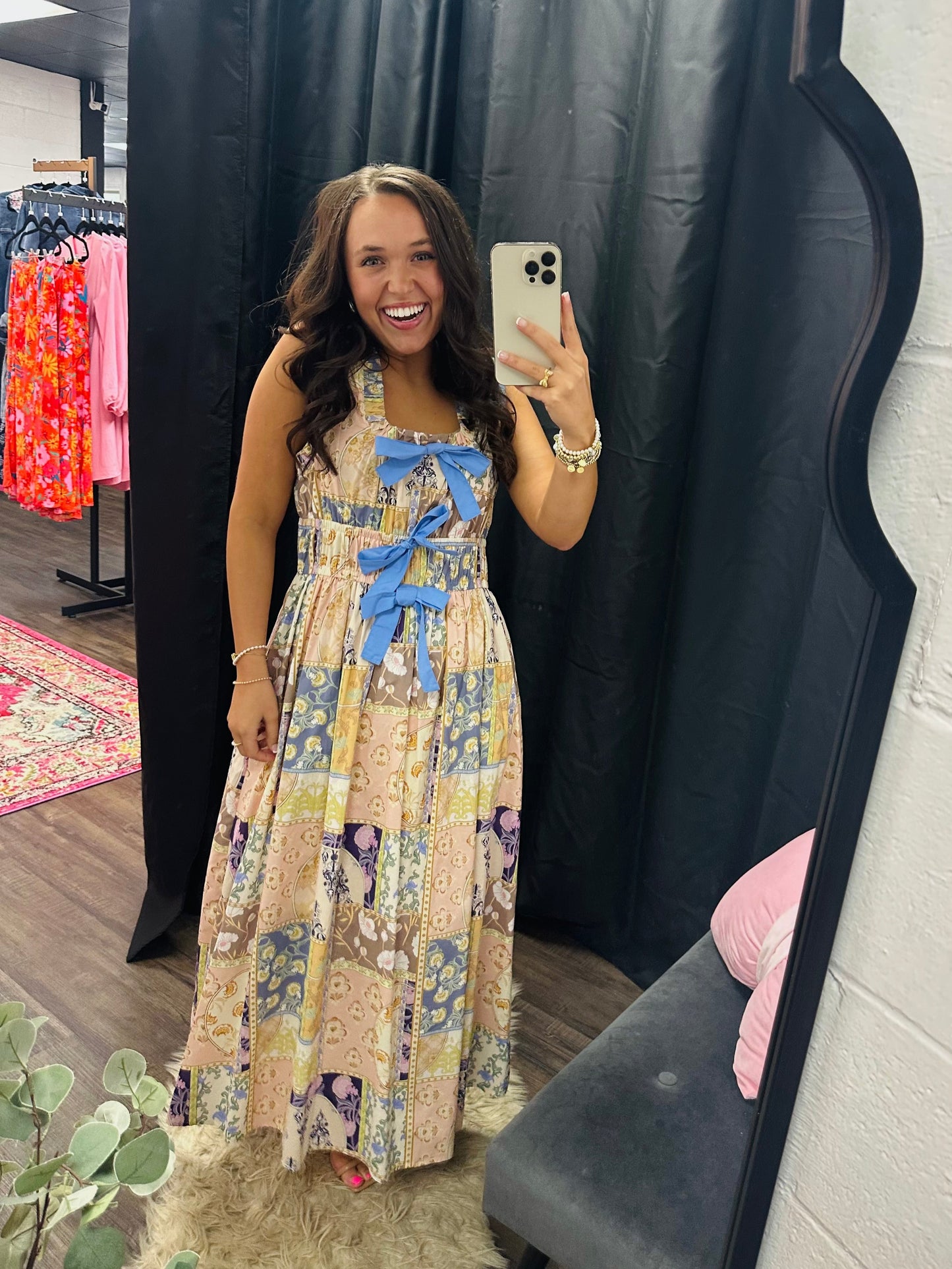 The Avery Patchwork Bow Midi Dress