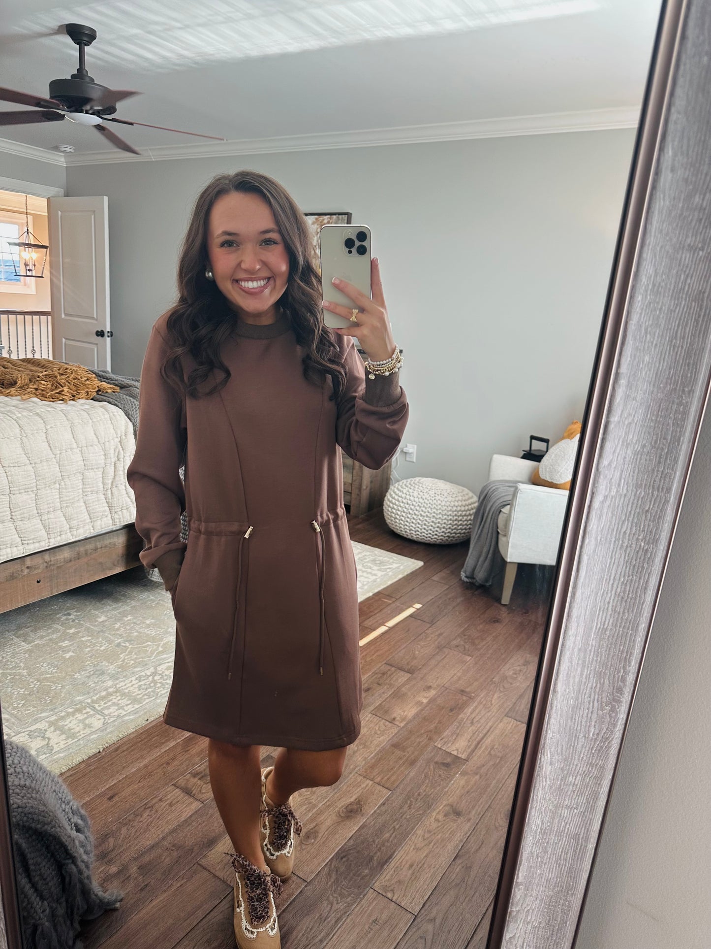 The Mocha Jersey Knit Long Sleeve Drawstring Dress