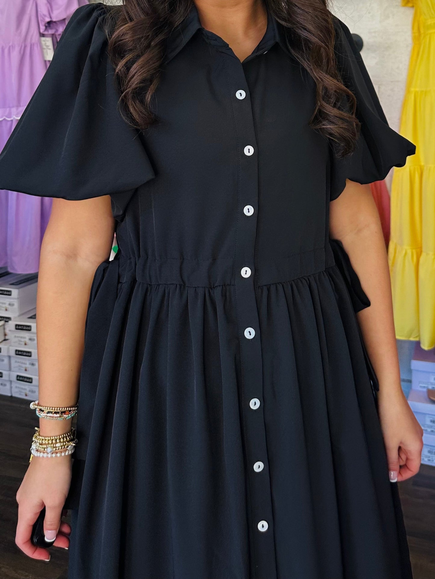 The Cali Black Button Front Midi Dress