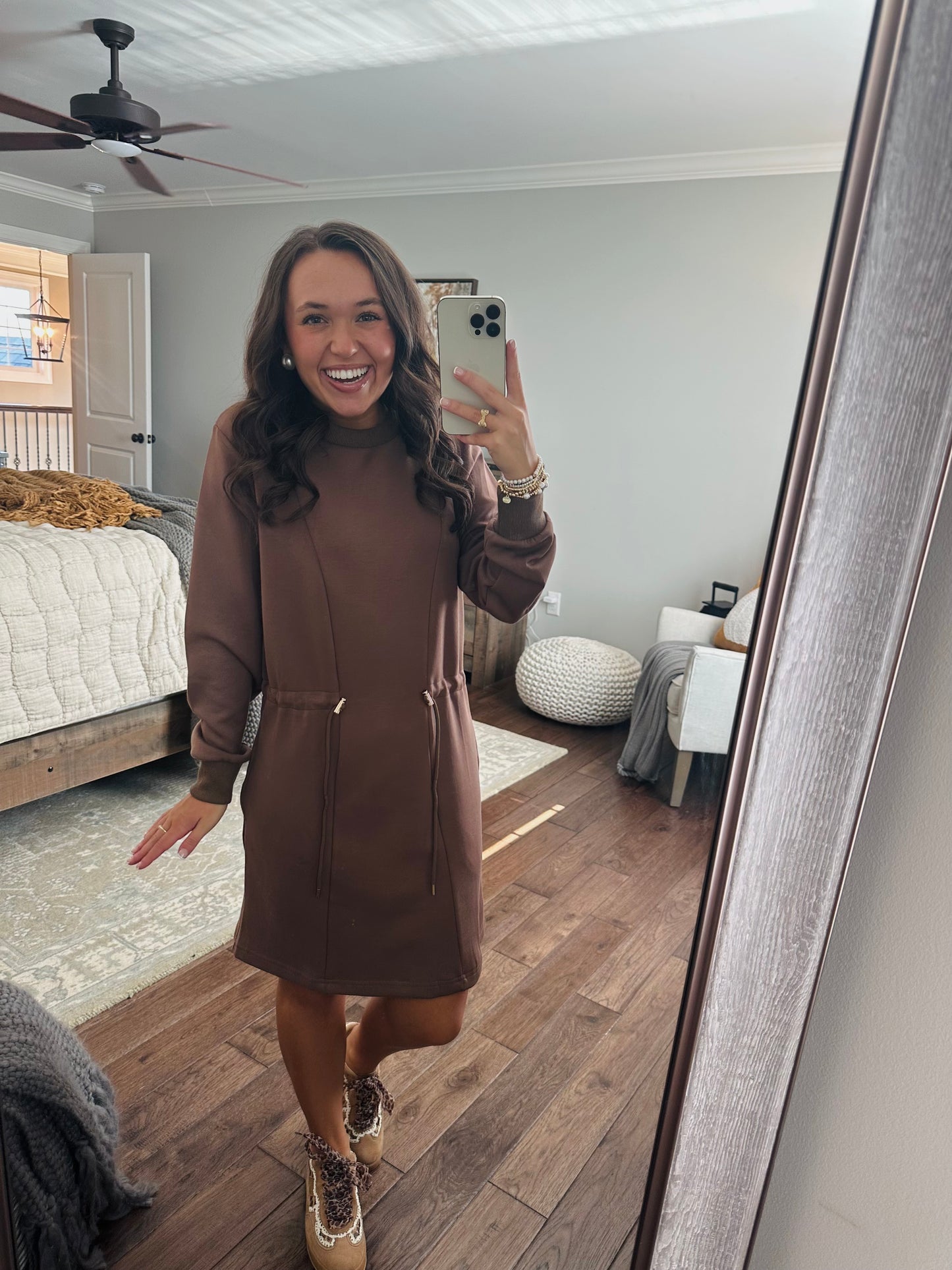 The Mocha Jersey Knit Long Sleeve Drawstring Dress