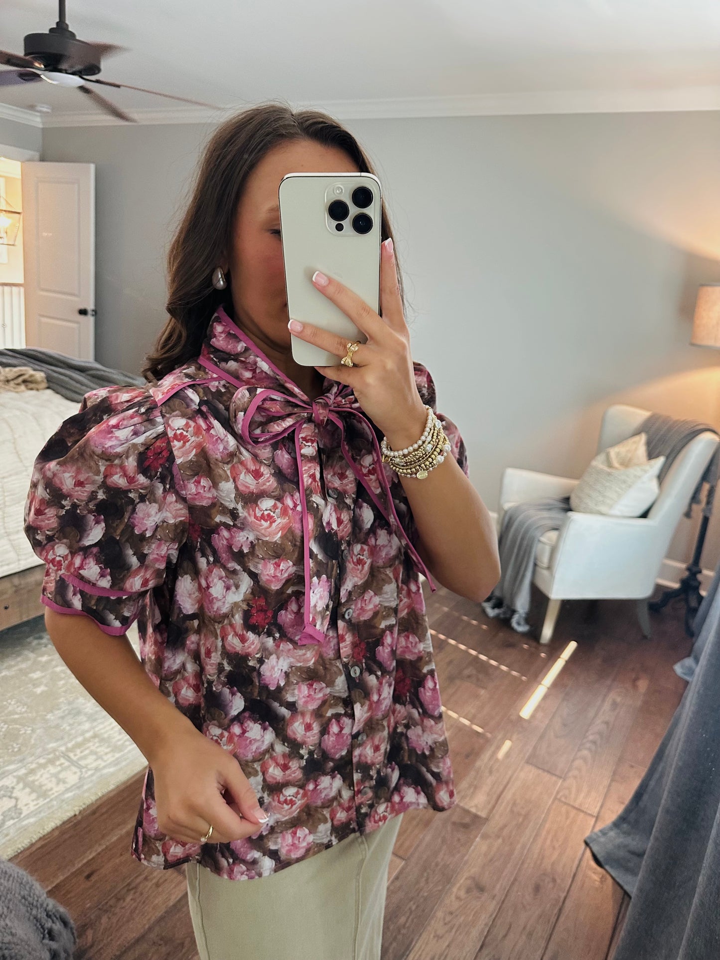 The Maggie Pink + Brown Floral Bow Top