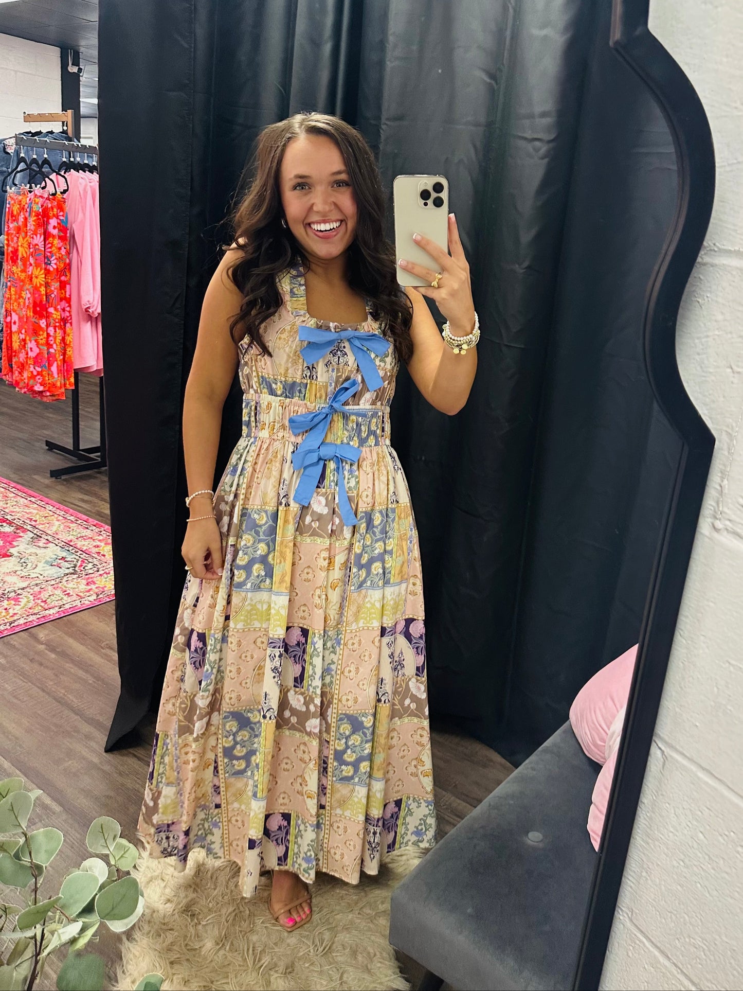 The Avery Patchwork Bow Midi Dress