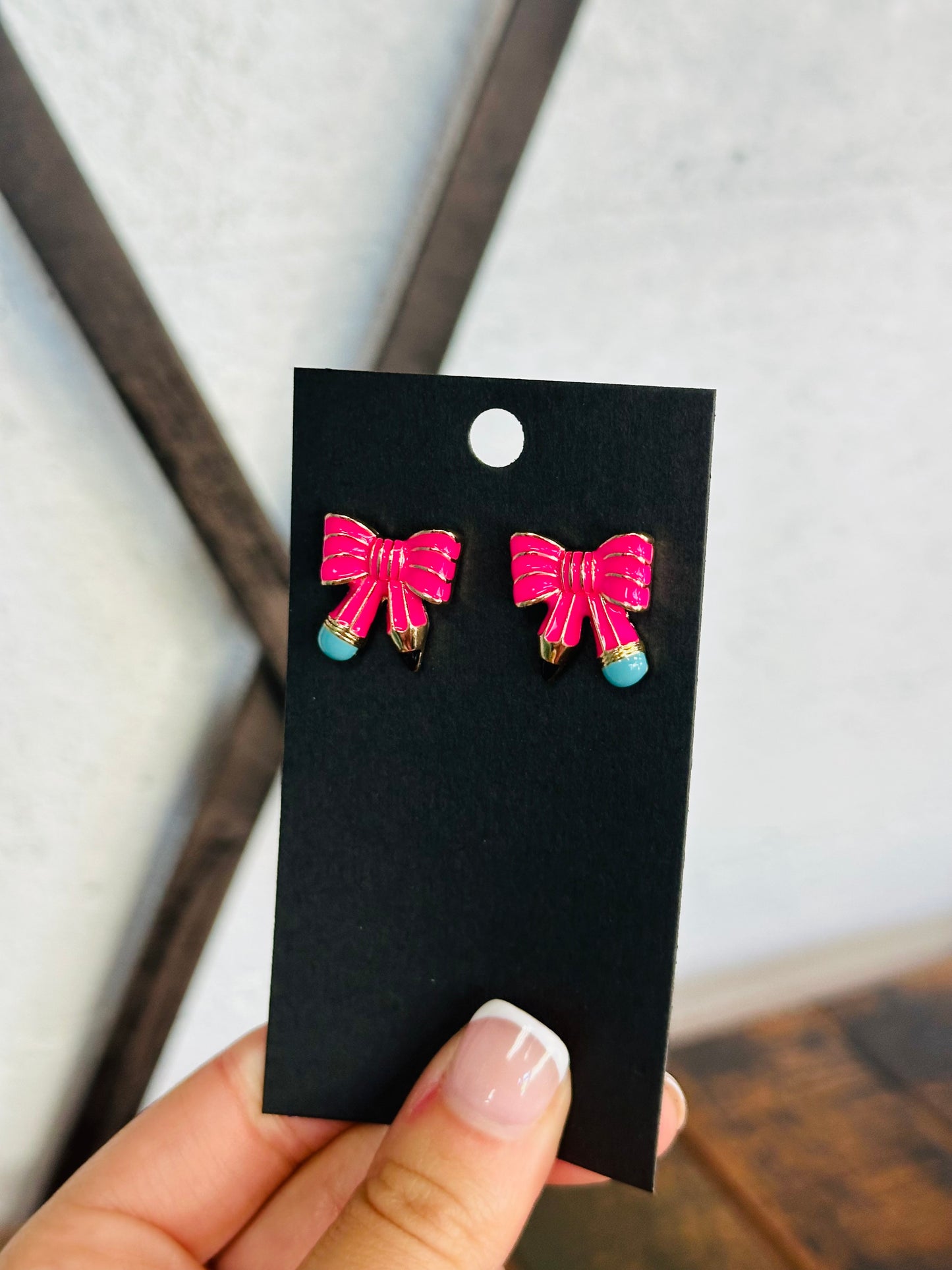 Hot Pink Bow Shaped Pencil Stud Earring
