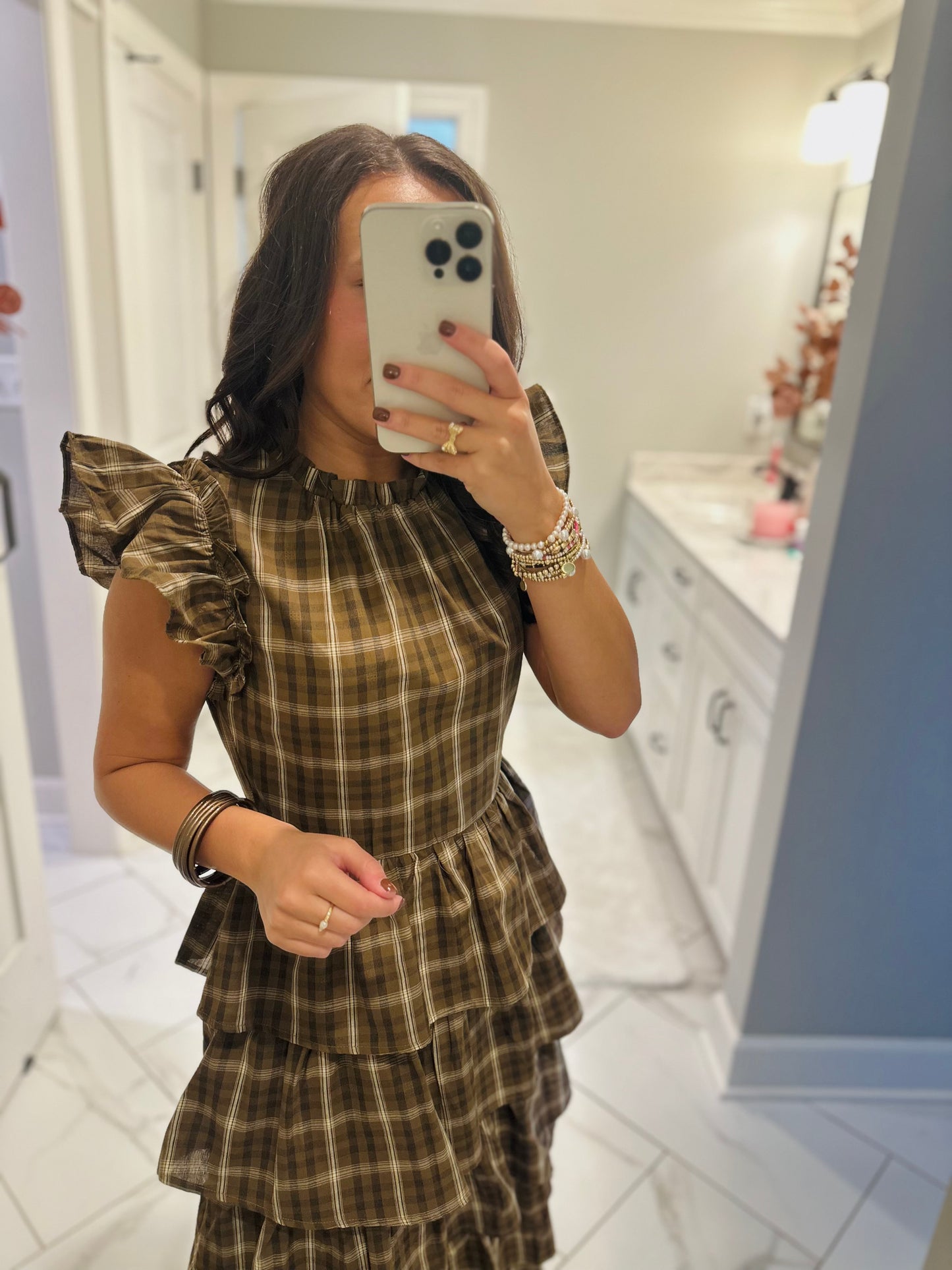 The Timber Brown Plaid Ruffle Tiered Midi Dress