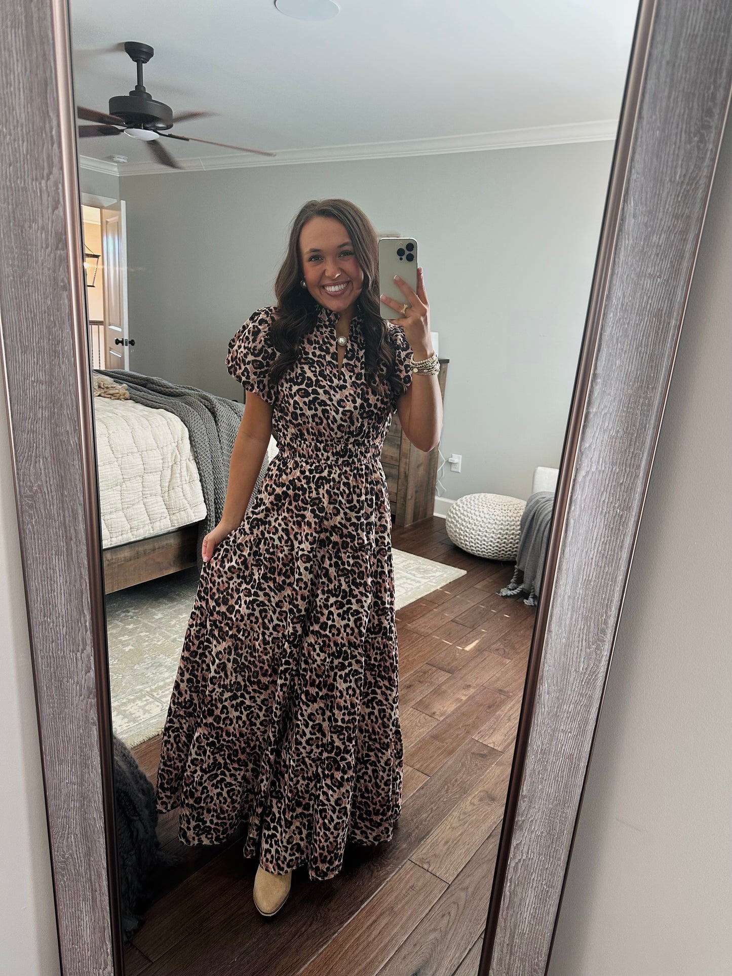 The Elizabeth Leopard Print Puff Sleeve Midi Dress
