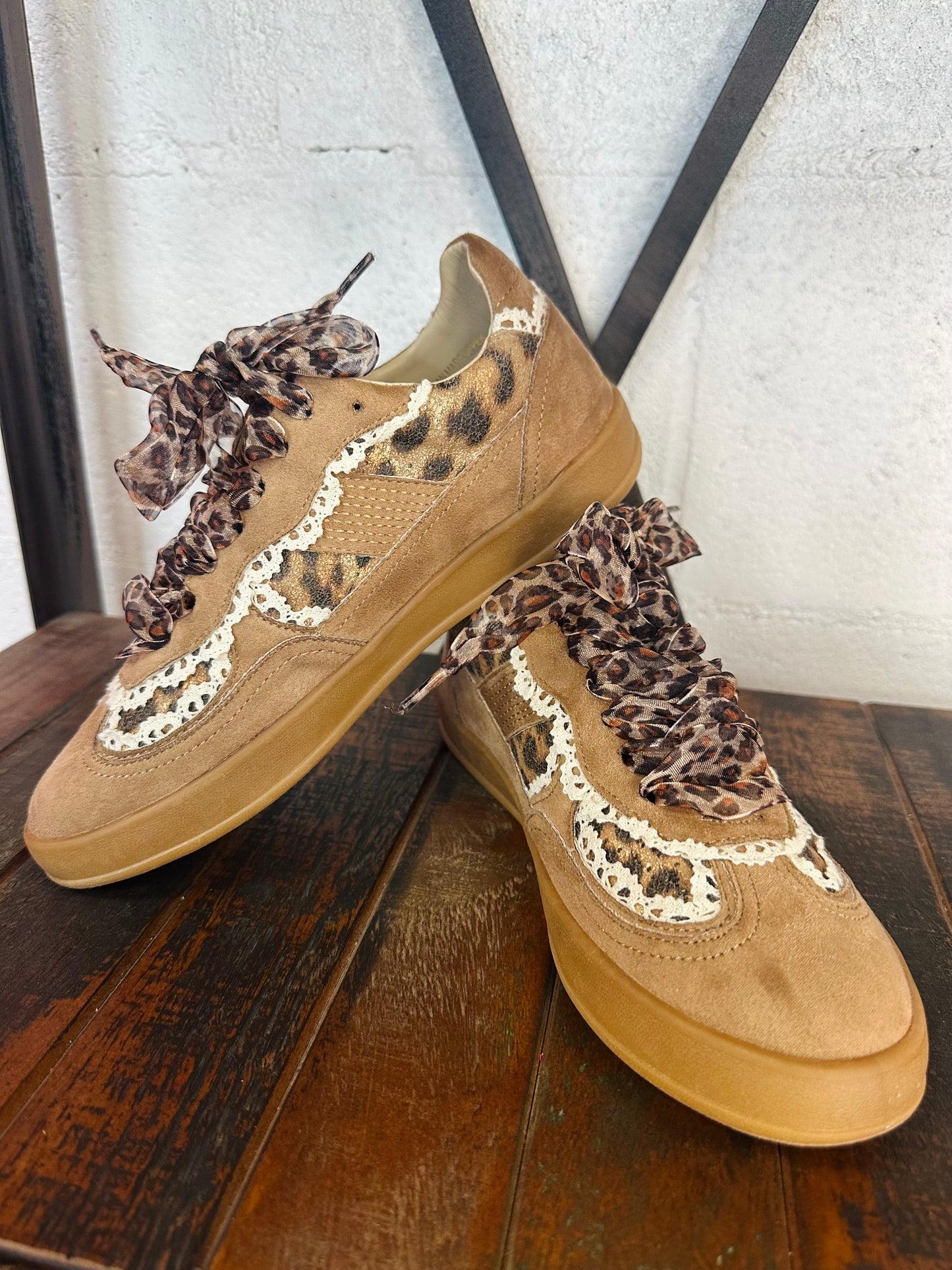 The Eleanor Camel Leopard Lace Trim Sneaker