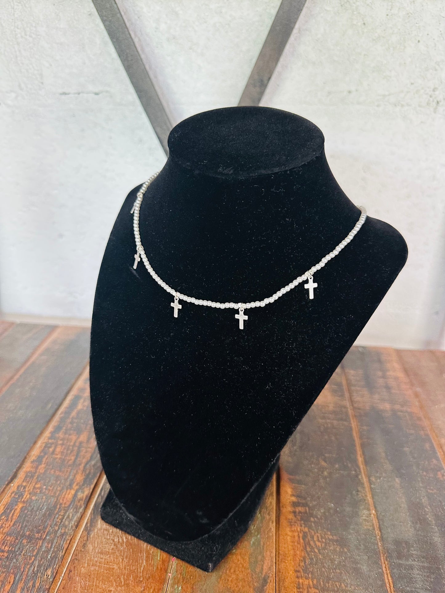 Silver Pearl + Cross Necklace