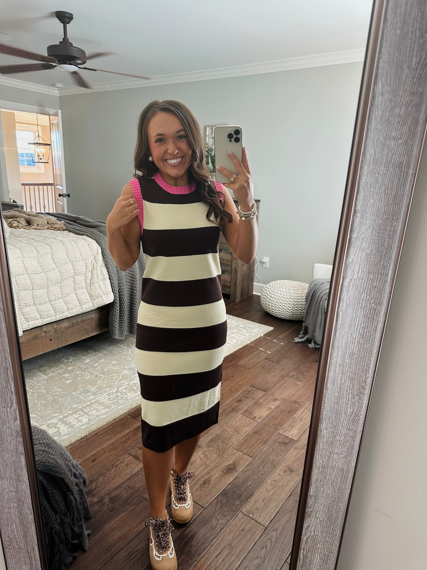 The Everlee Pink + Cream Striped Knit Midi Dress