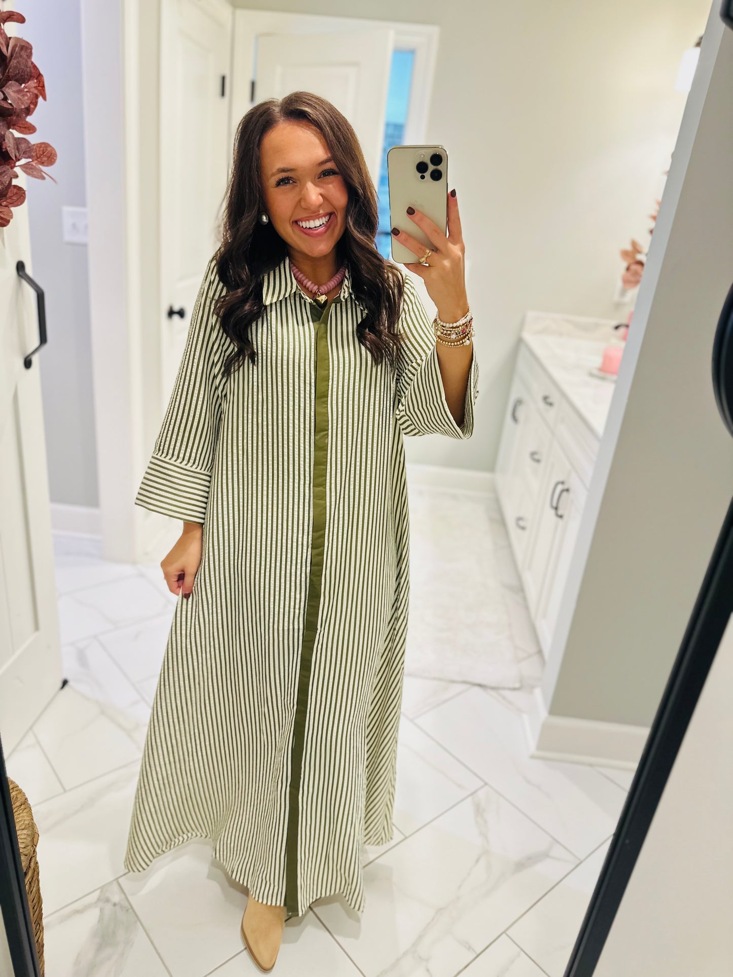 The Nora Olive Green Striped Midi Dress