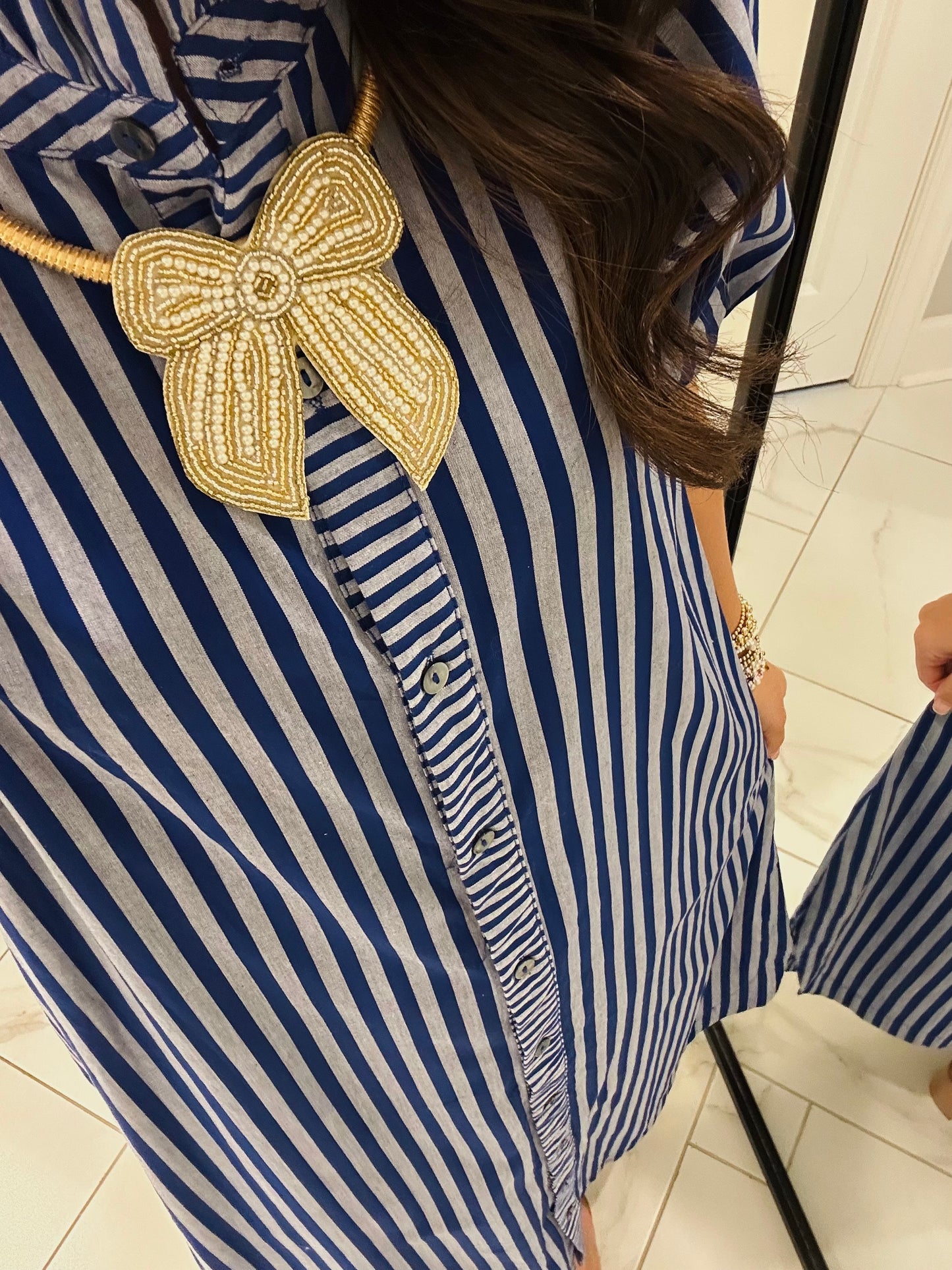 The Quinn Navy Blue Striped Midi Dress