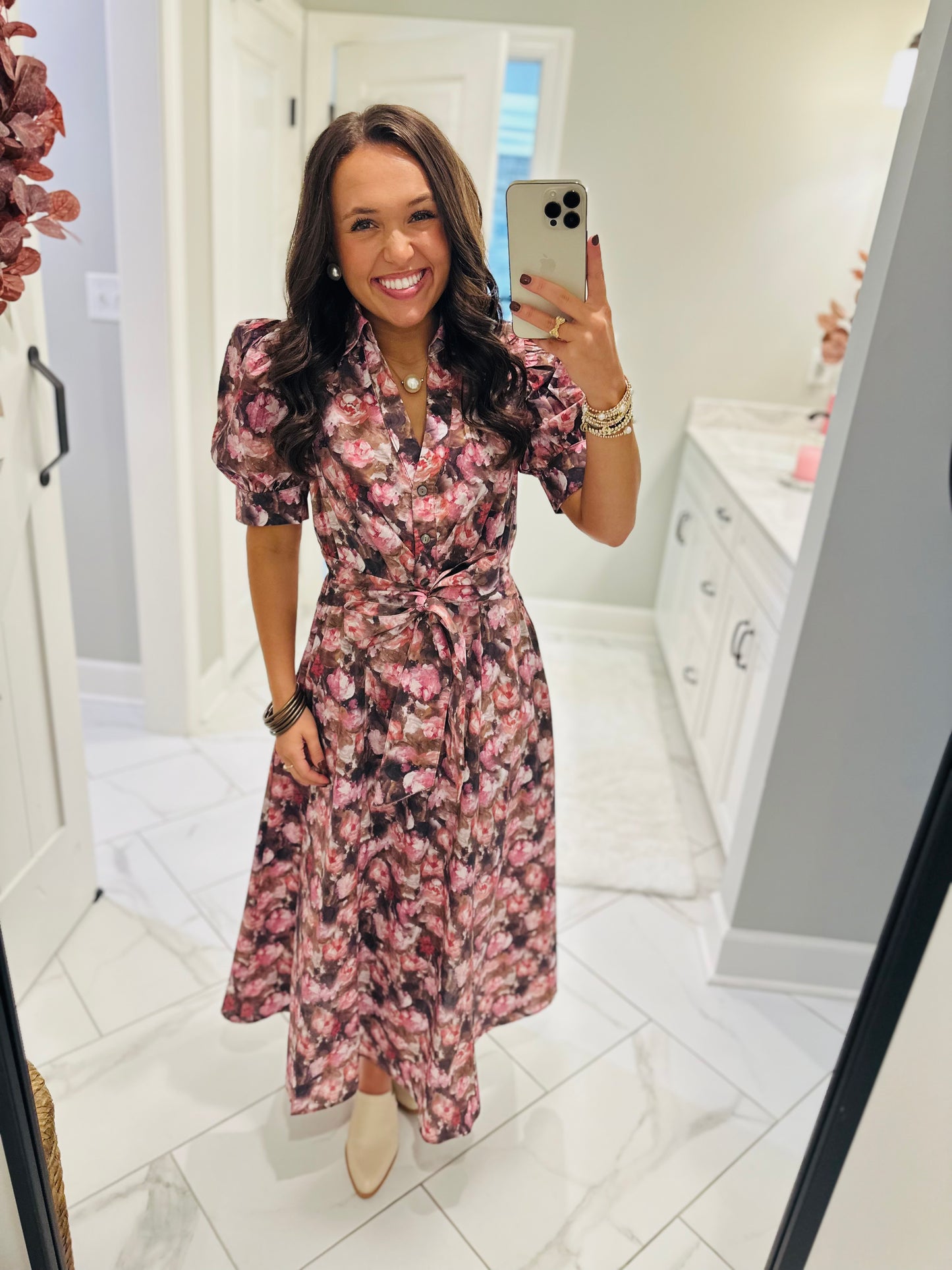 The Maggie Pink + Brown Floral Midi Dress