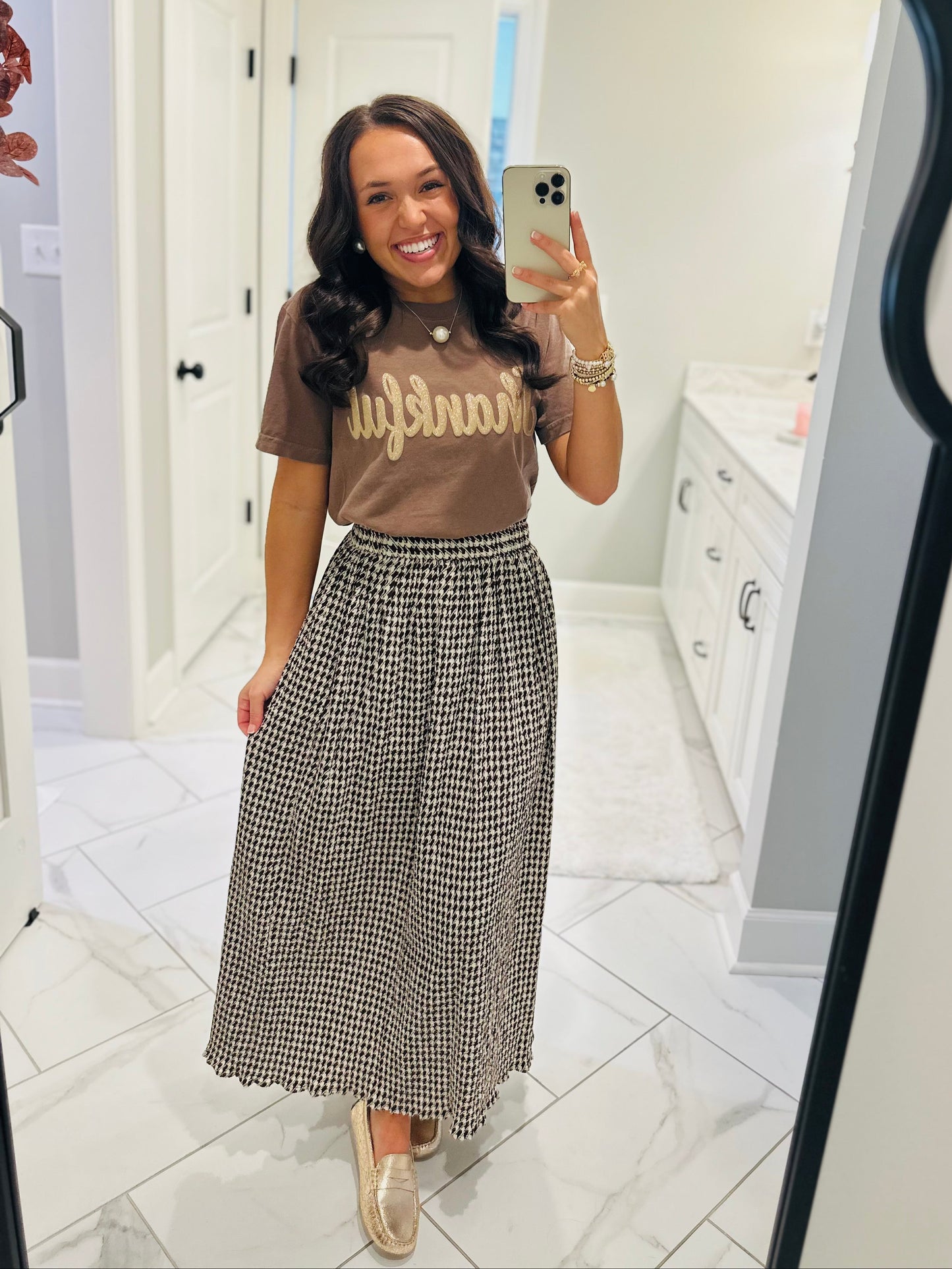 The Chocolate Brown Houndstooth Midi Skirt