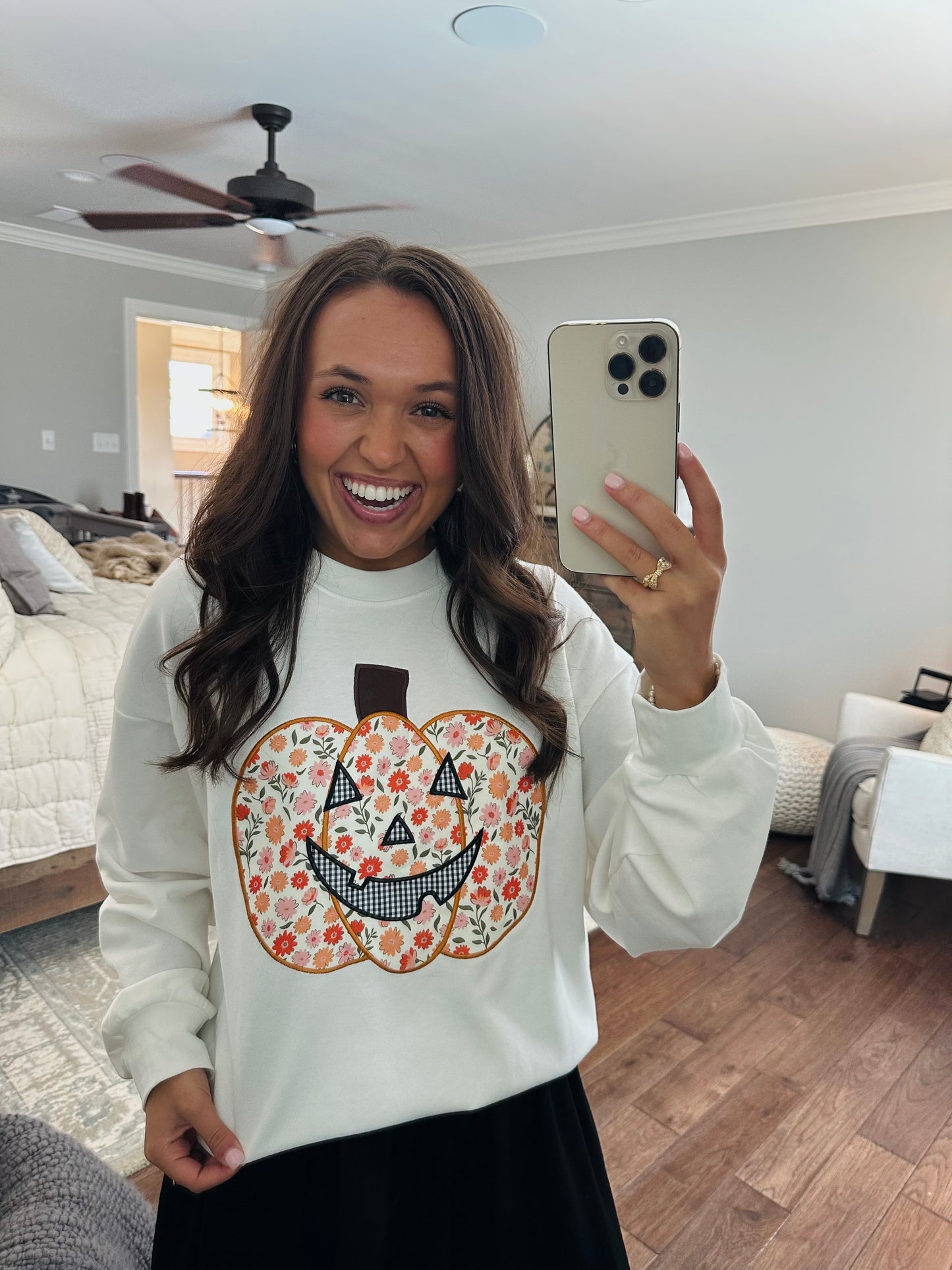 The Floral Printed Pumpkin Patchwork Crewneck